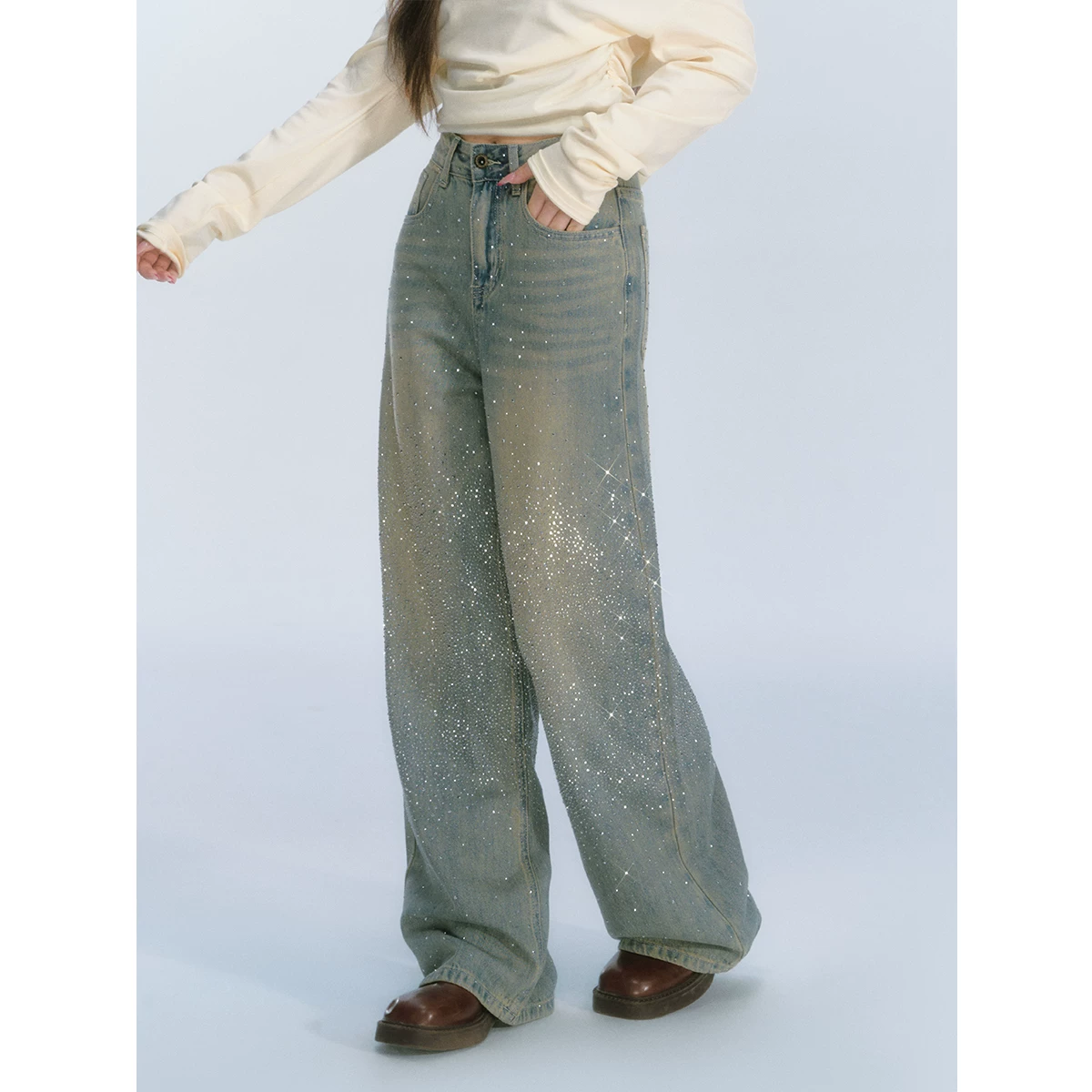 ablueberry デニムハイウエストストレートパンツ