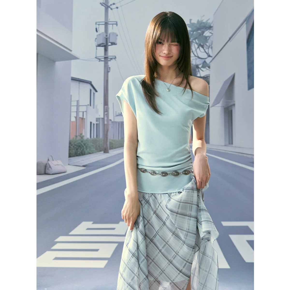 ablueberry チェック柄オフショルダーロングワンピース