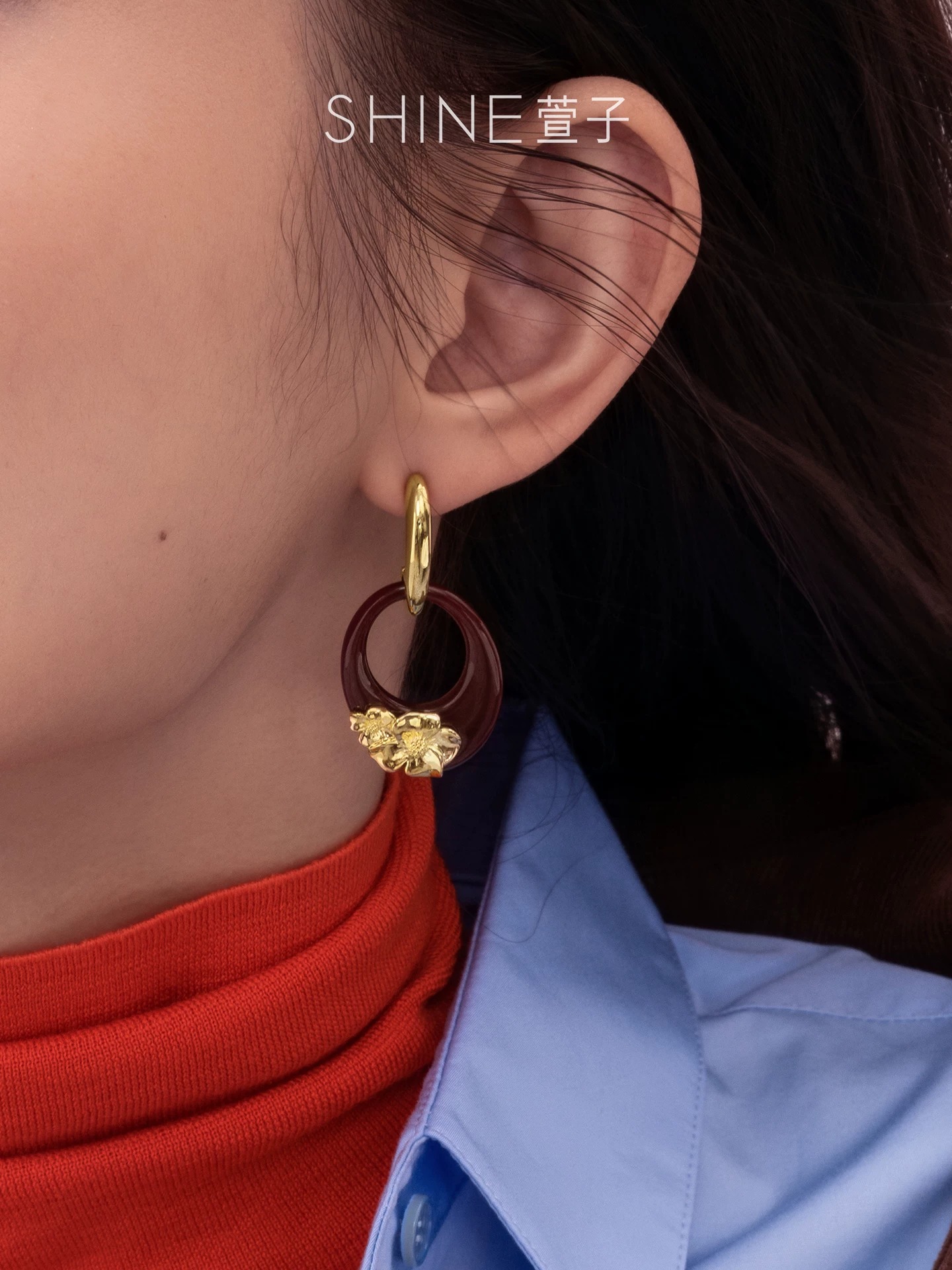 SHINE ワインレッド フラワーリングピアス