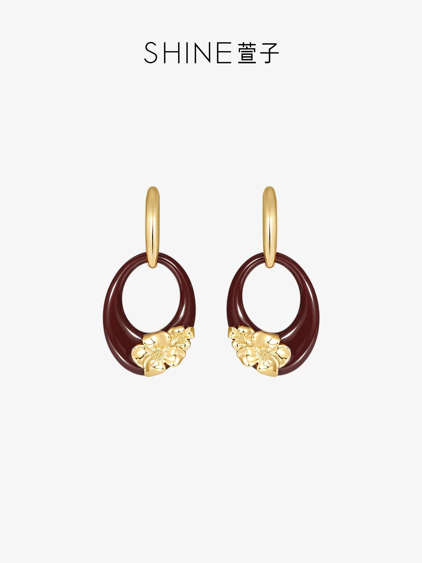 SHINE ワインレッド フラワーリングピアス