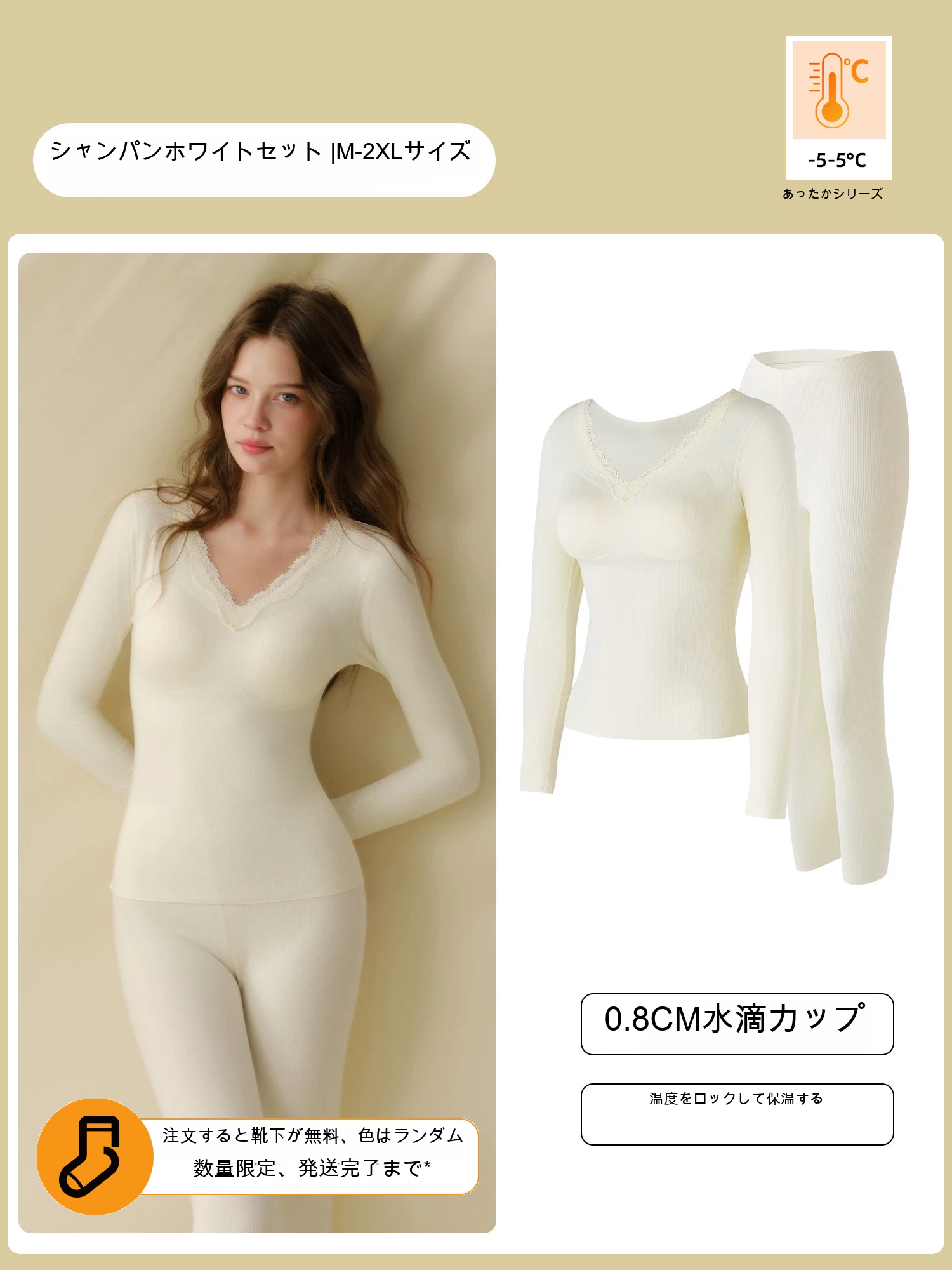起毛 レース カップ付き Vネック インナー上下セット
