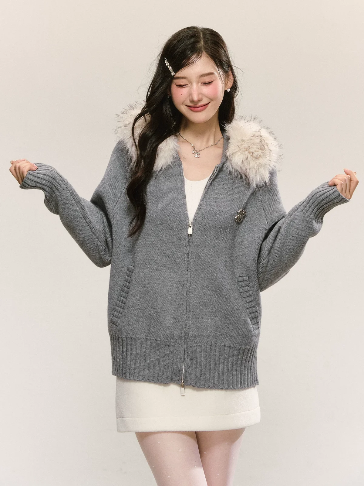 ファーフード カーディガン 商品写真 1