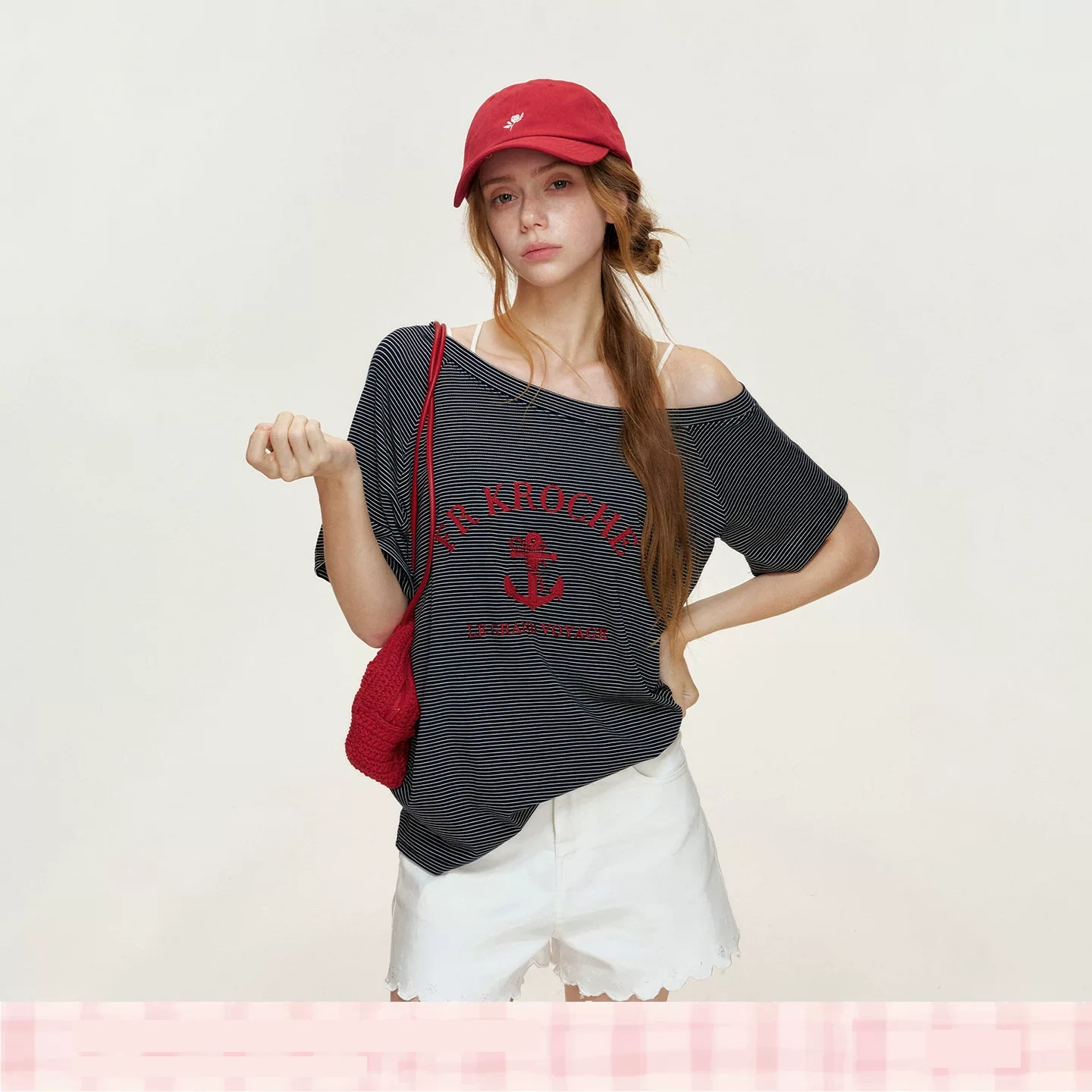 KROCHE アシンメトリー ストライプ 刺繍 配色 Tシャツ KEC9024