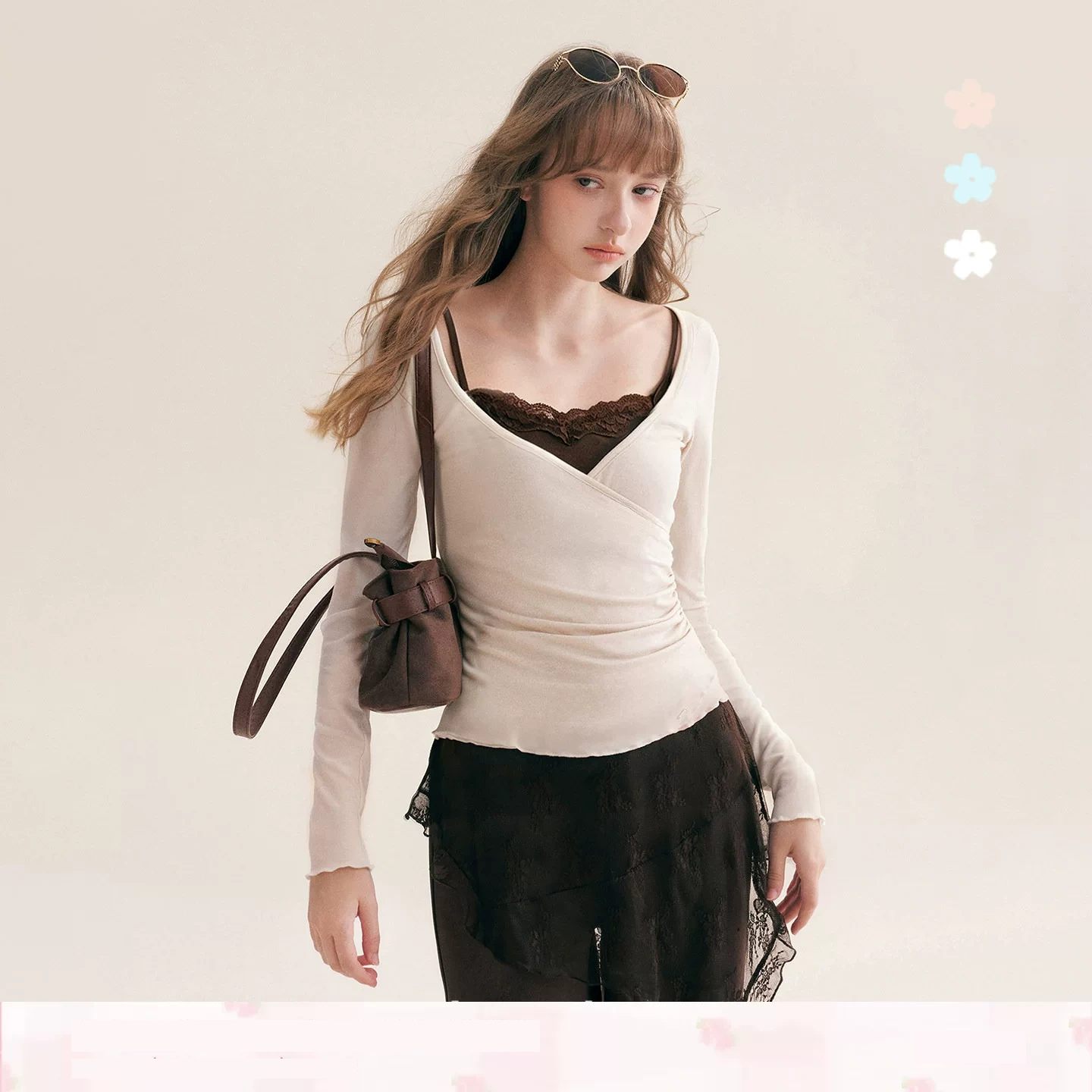 KROCHE レース Vネック 重ね着風 長袖 Tシャツ KE3100