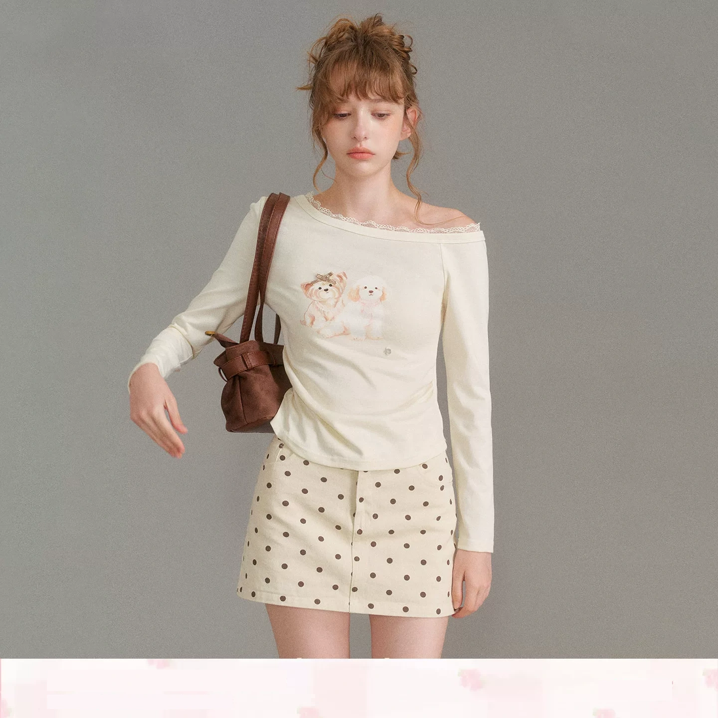 KROCHE レース アシンメトリー プリント 長袖 Tシャツ KE3095