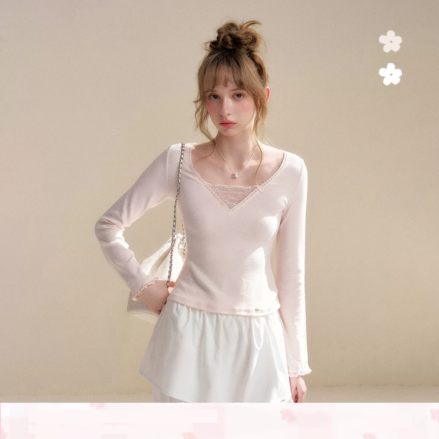 KROCHE レース Vネック 重ね着風 長袖 Tシャツ KE8055