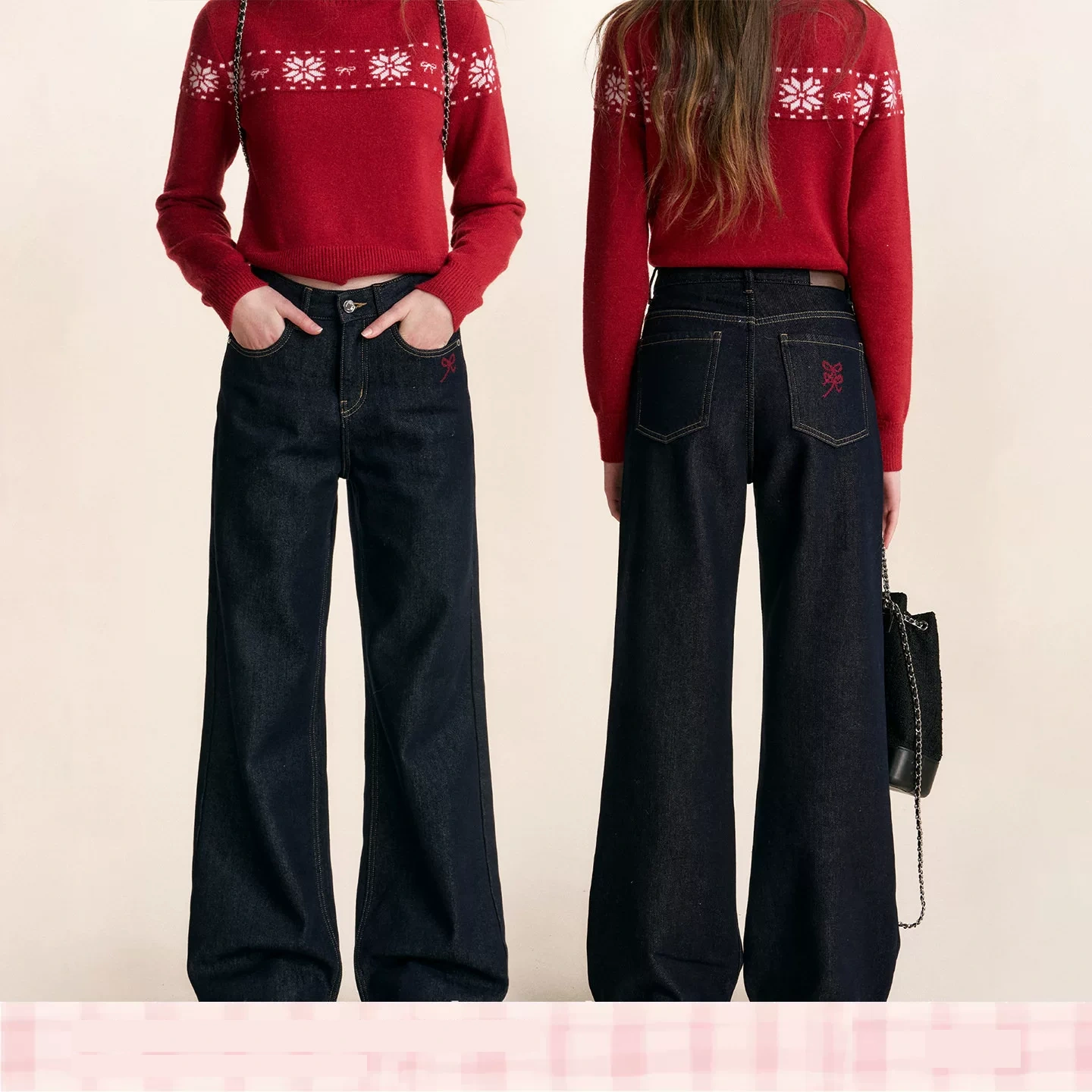 KROCHE リボン 配色 デニム ストレート デニムパンツ KN5022