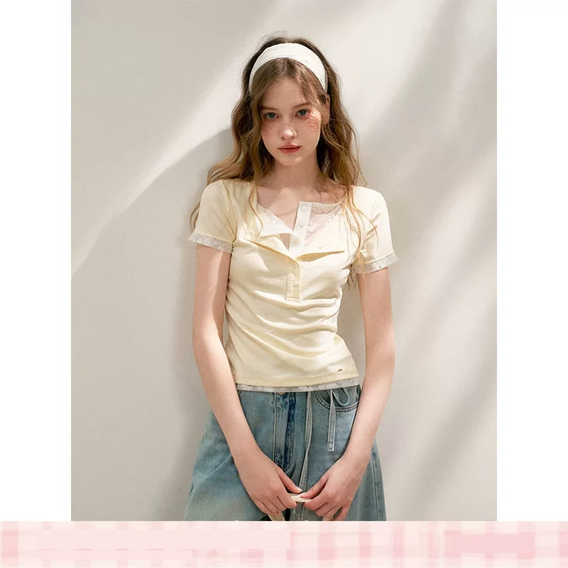 KROCHE レース 重ね着風 半袖 Tシャツ KEC8007