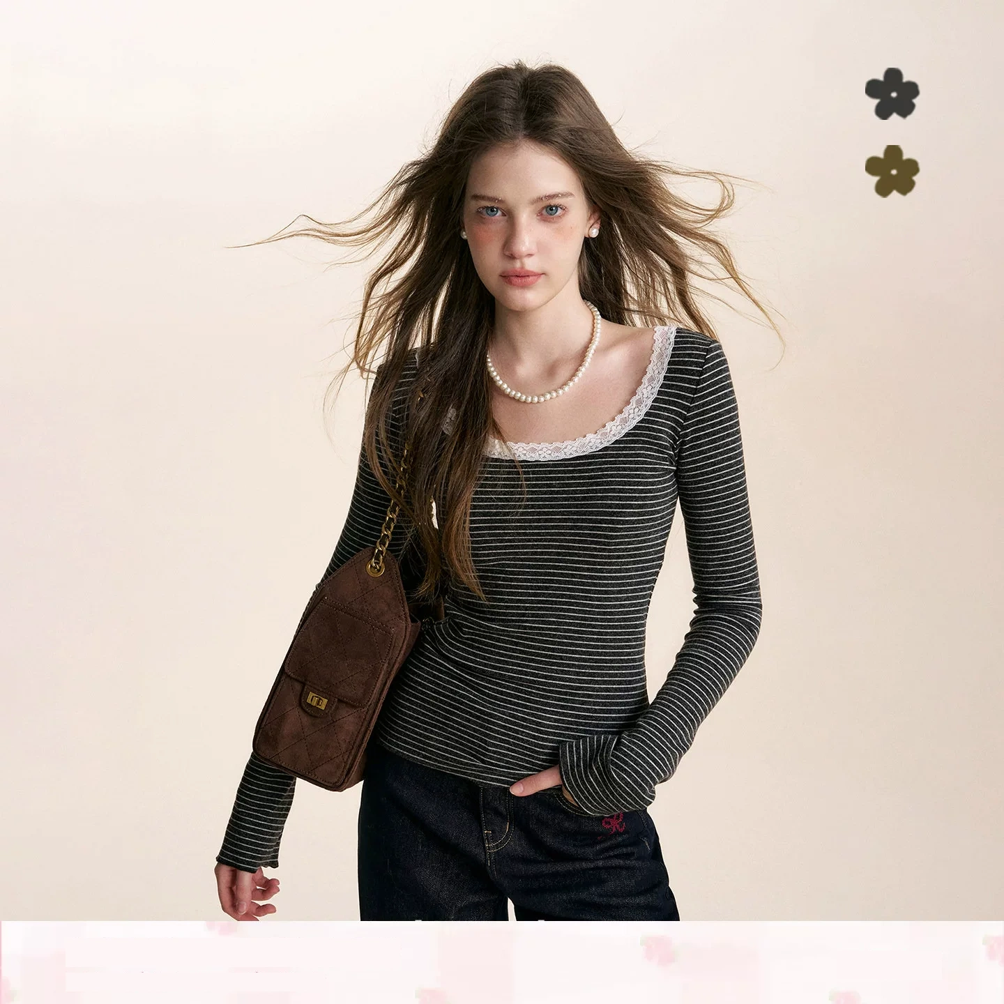 KROCHE レース ストライプ 配色 長袖 Tシャツ KE8040