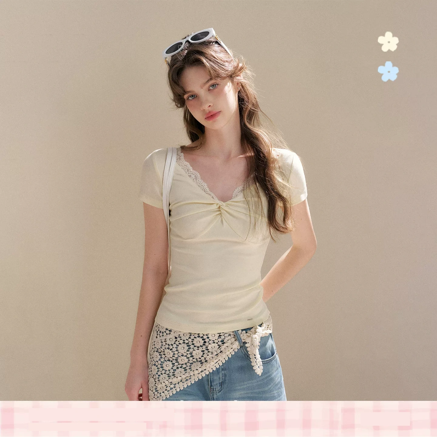 KROCHE レース Vネック 半袖 Tシャツ KEC8064