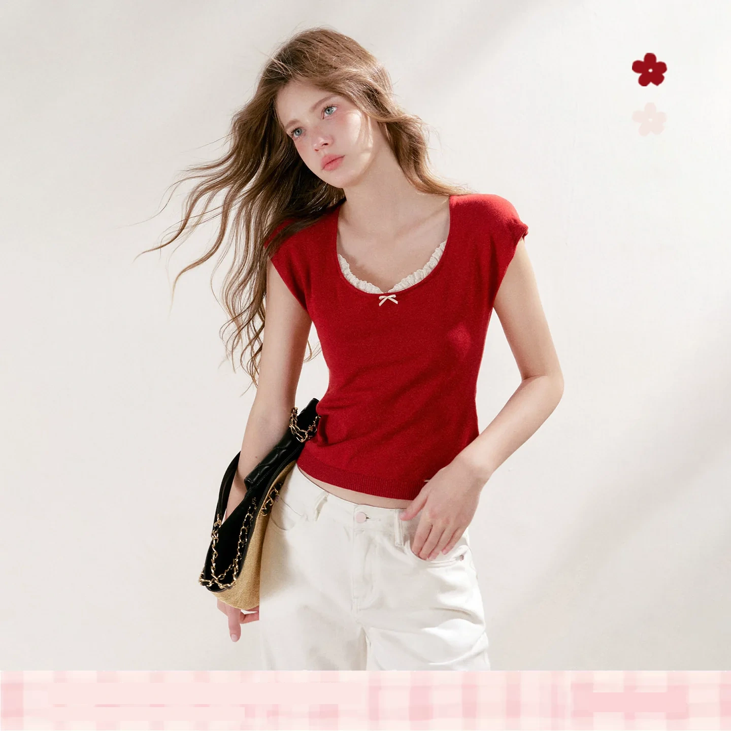 KROCHE レース スクエアネック 半袖 Tシャツ KPC8099