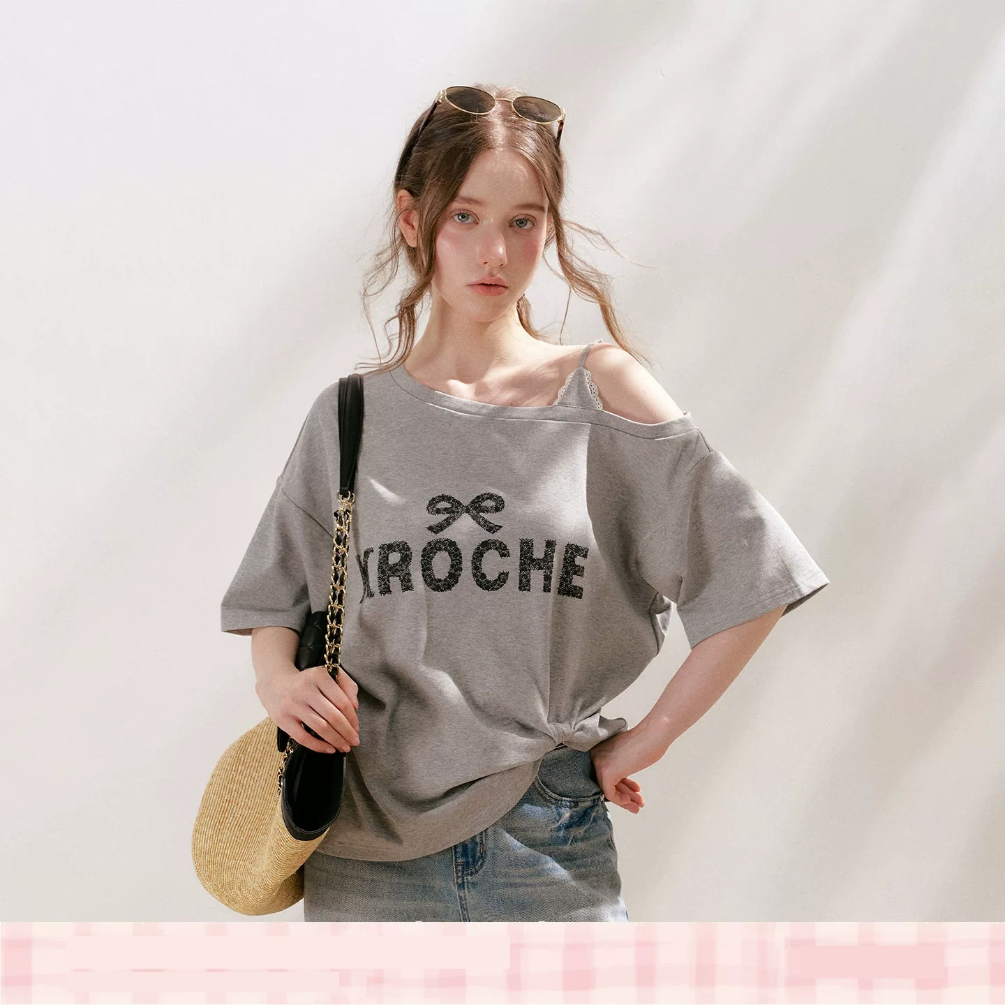 KROCHE レース オフショルダー プリント 半袖 Tシャツ KEC7070
