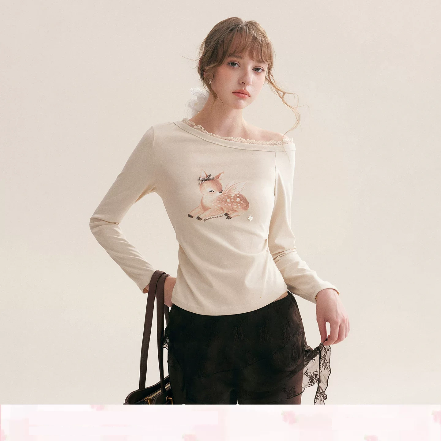 KROCHE レース アシンメトリー プリント 長袖 Tシャツ KE3096