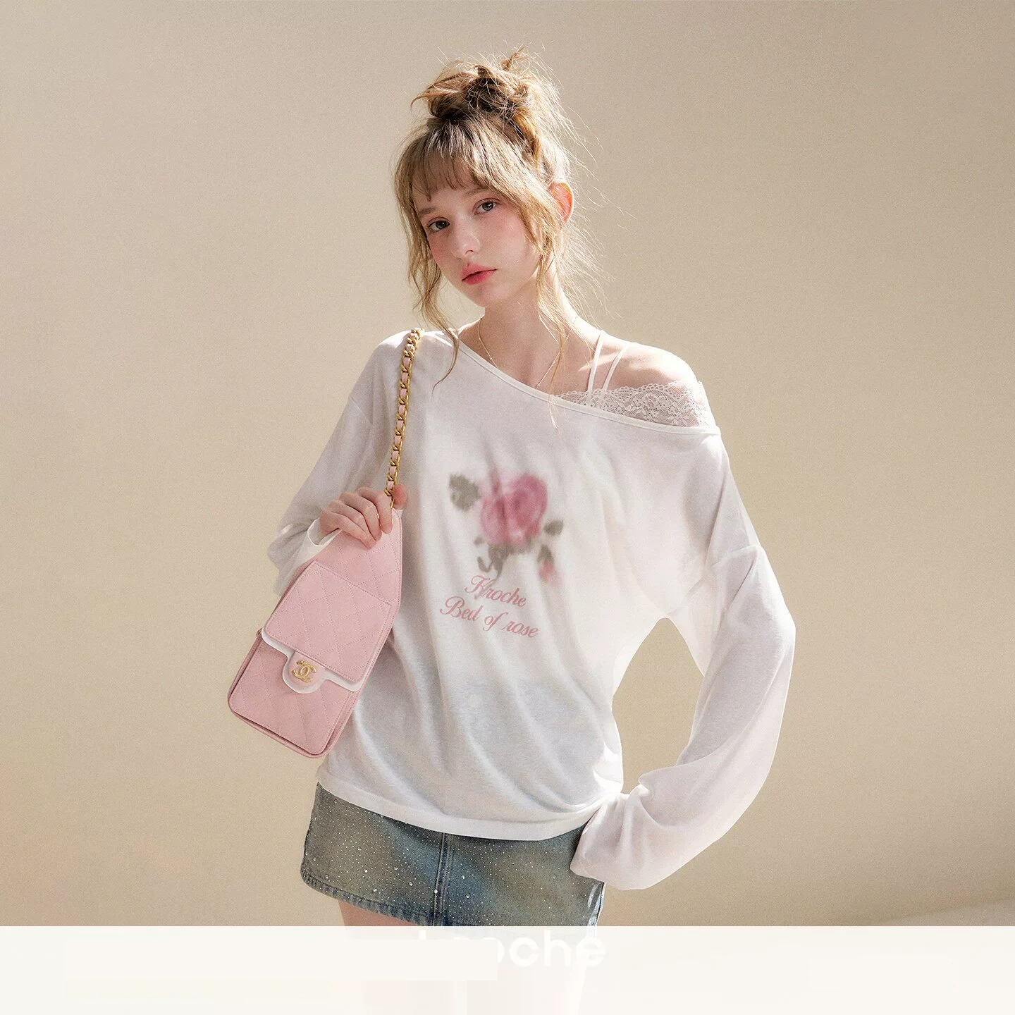 KROCHE レース アシンメトリー プリント Tシャツ KE4054