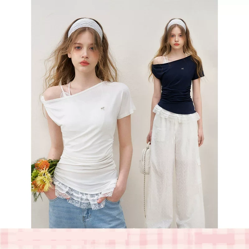 KROCHE レース アシンメトリー 半袖 Tシャツ KEC8005