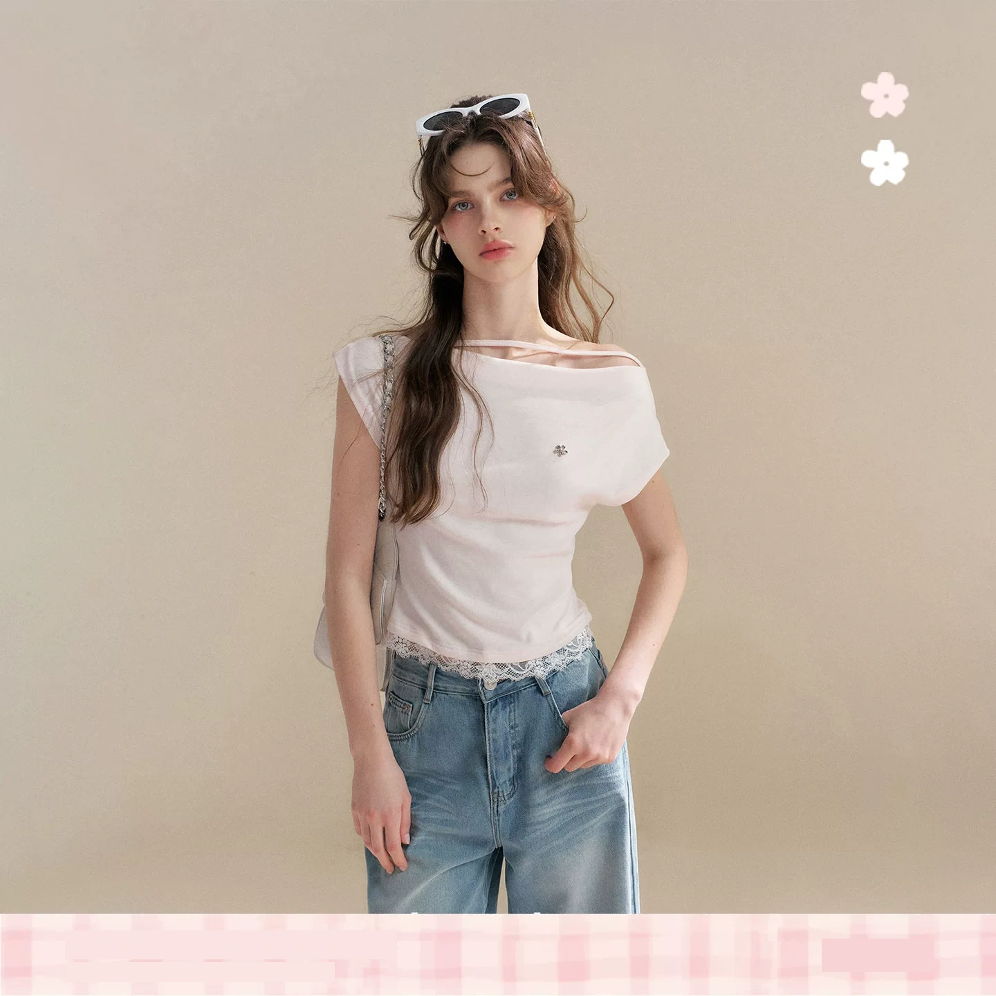 KROCHE レース アシンメトリー 半袖 Tシャツ KEC8063