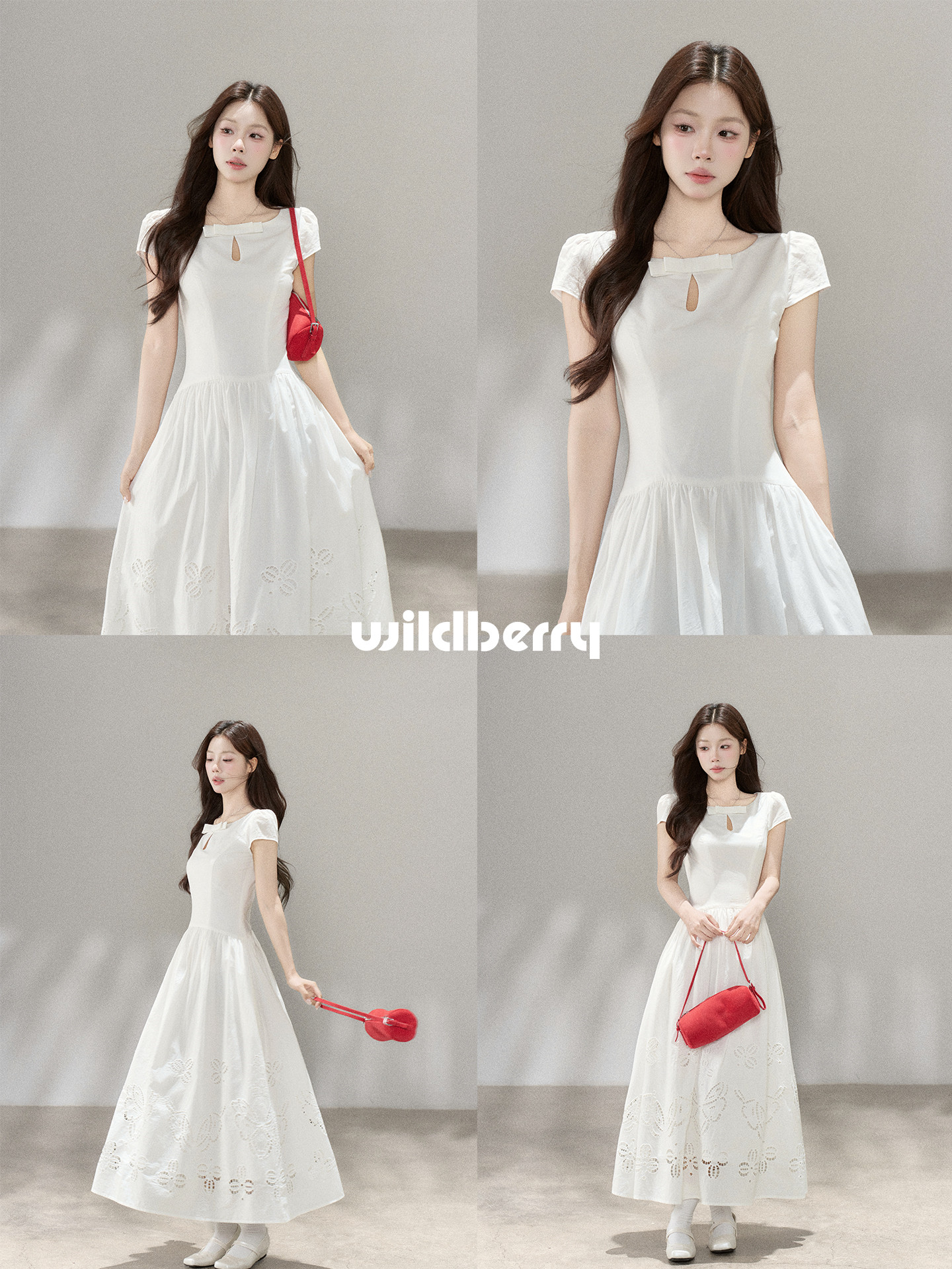 Wildberry ホワイト ウエストシェイプ半袖ロングワンピース