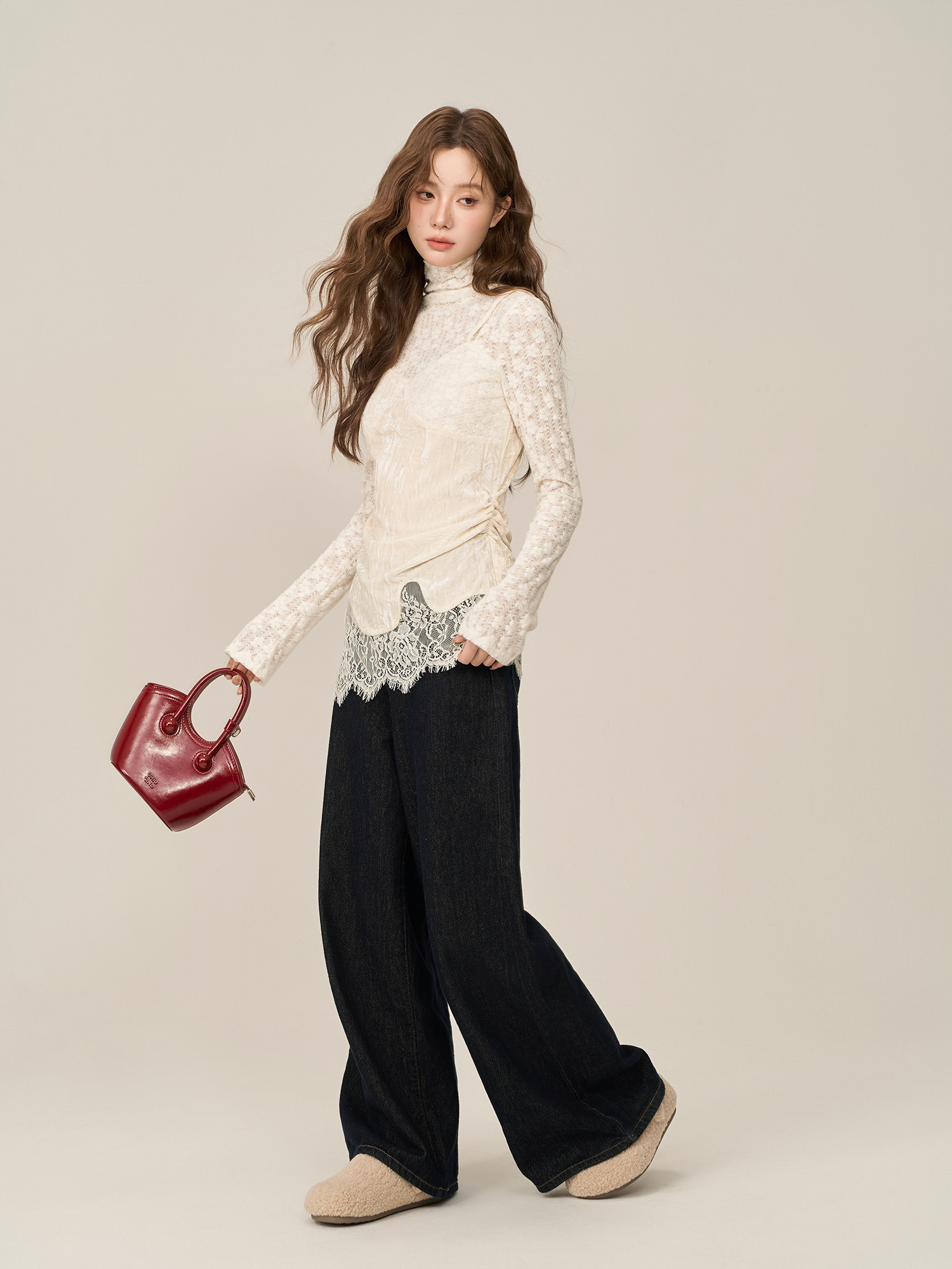 Wildberry ハイネック レース・小花柄切り替え長袖Tシャツ