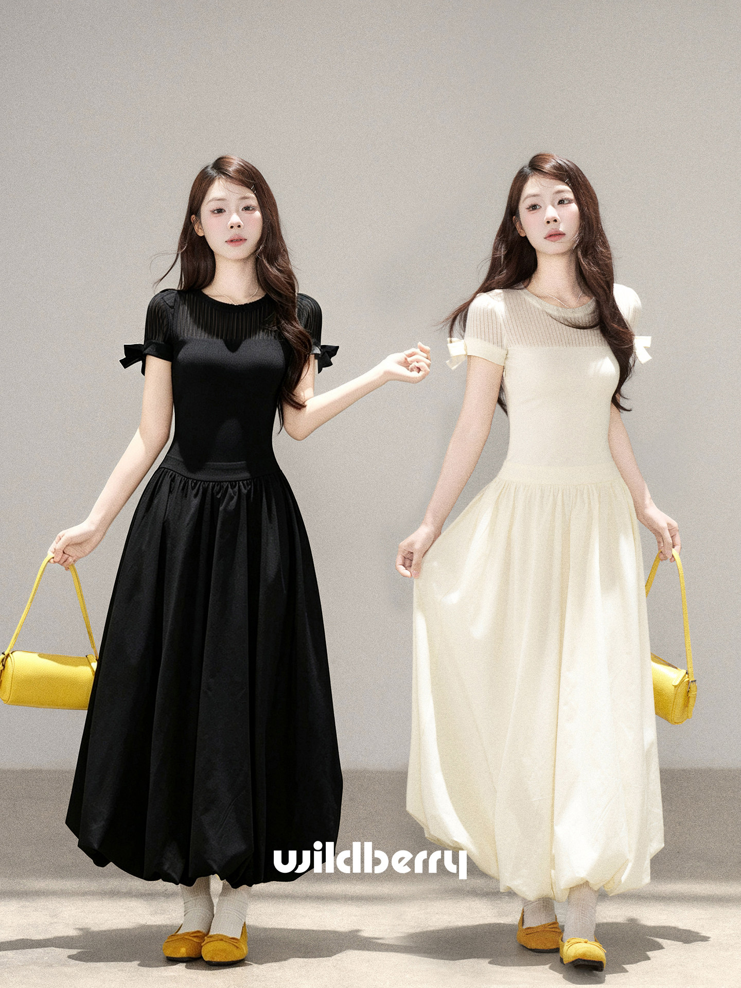 Wildberry リボン袖 切替ロングワンピース