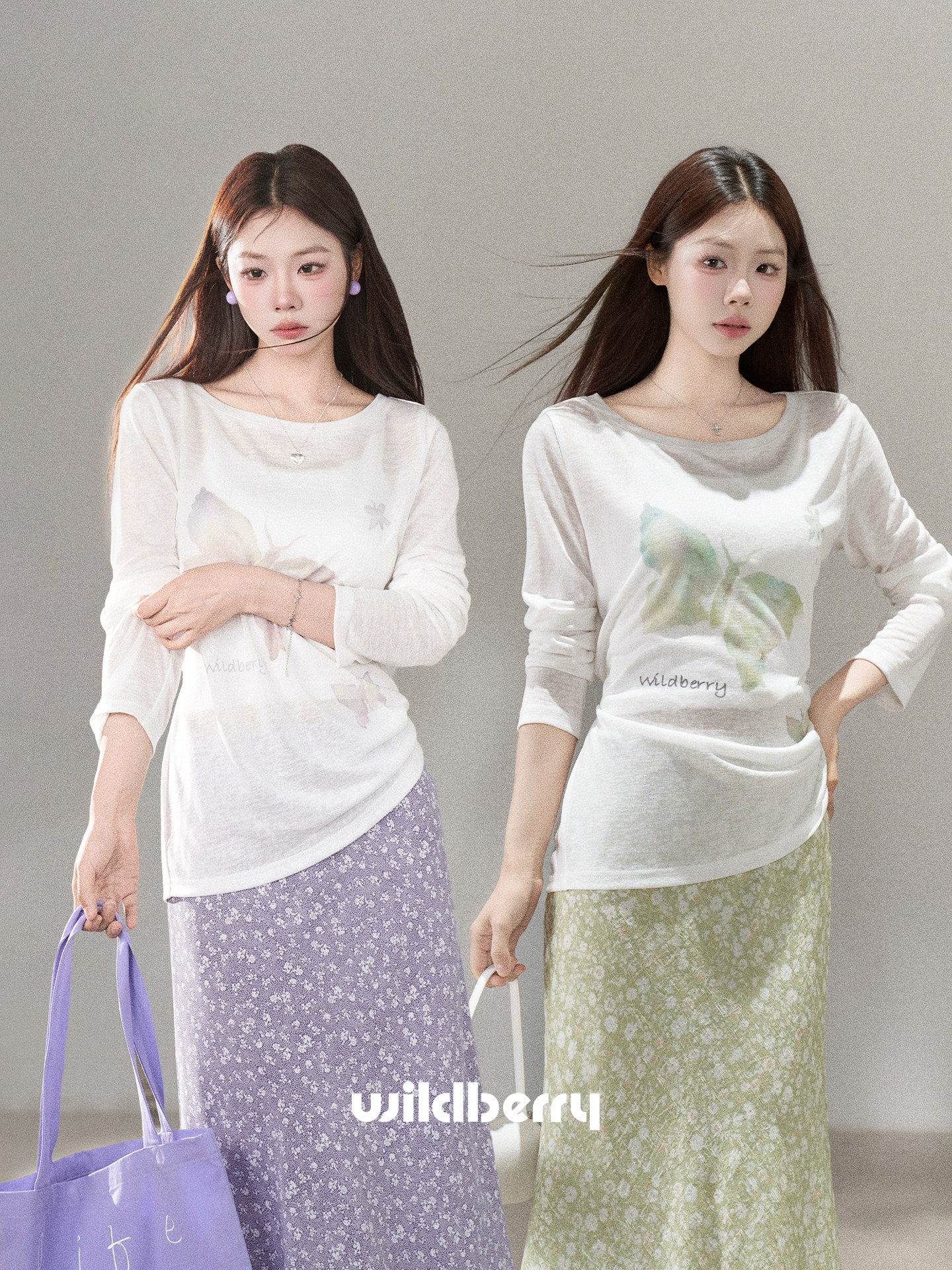Wildberry バタフライプリント サイドリボン長袖トップス