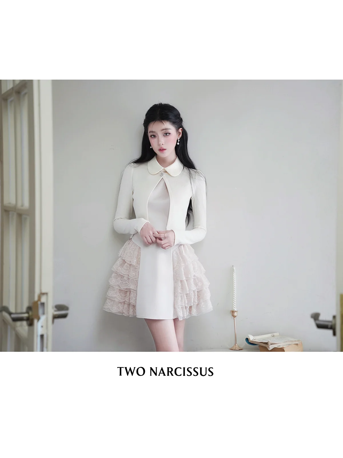 Two Narcissus レース切り替えワンピース・ショートカーディガン