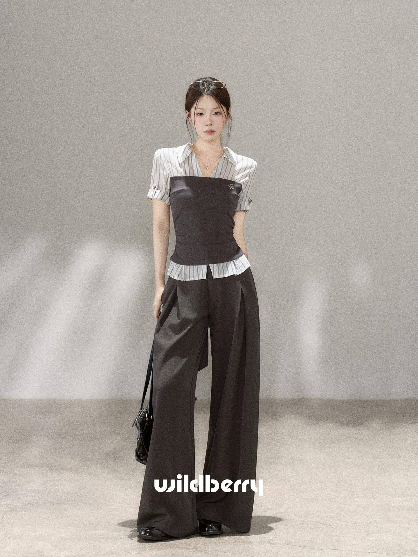 Wildberry ストライプ切替 レイヤード風半袖シャツ