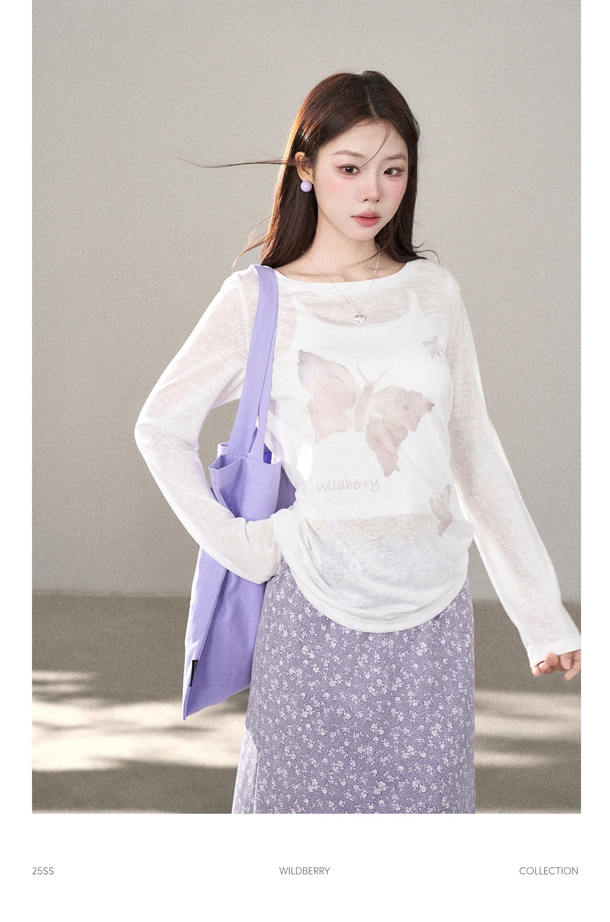 Wildberry バタフライプリント サイドリボン長袖トップス