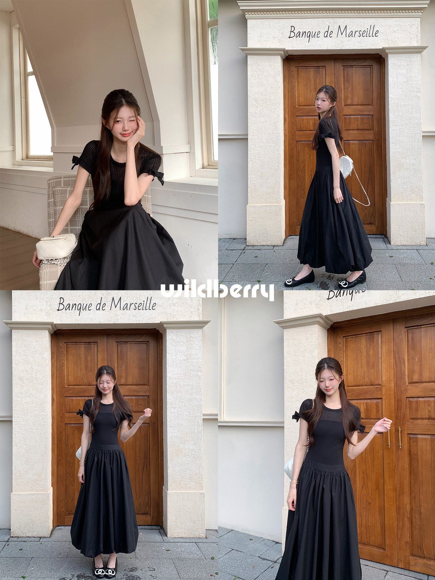 Wildberry リボン袖 切替ロングワンピース