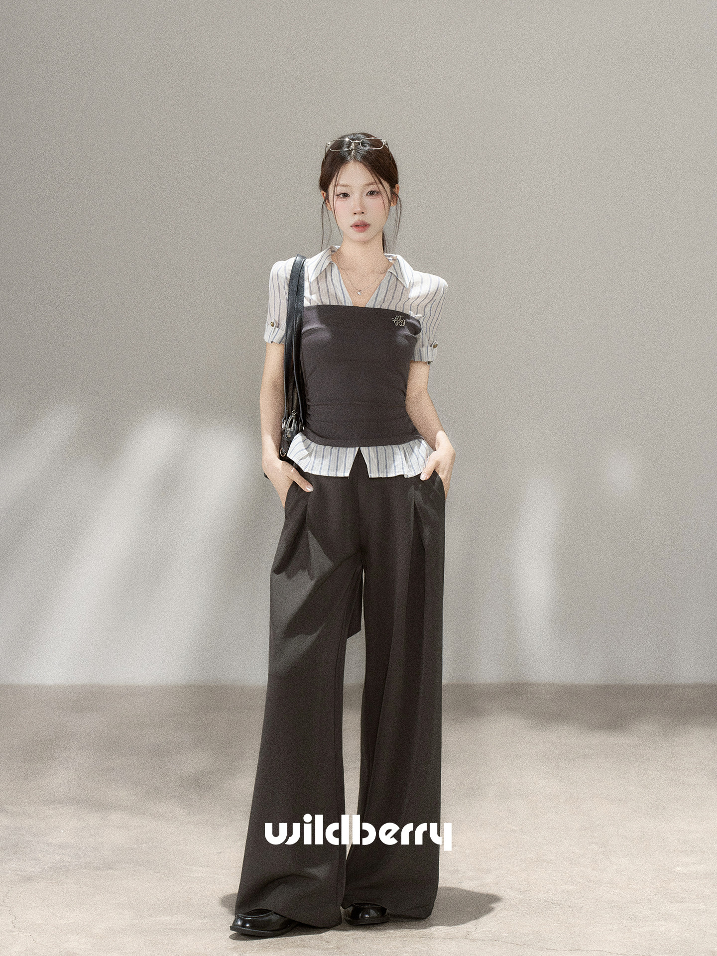 Wildberry ストライプ切替 レイヤード風半袖シャツ