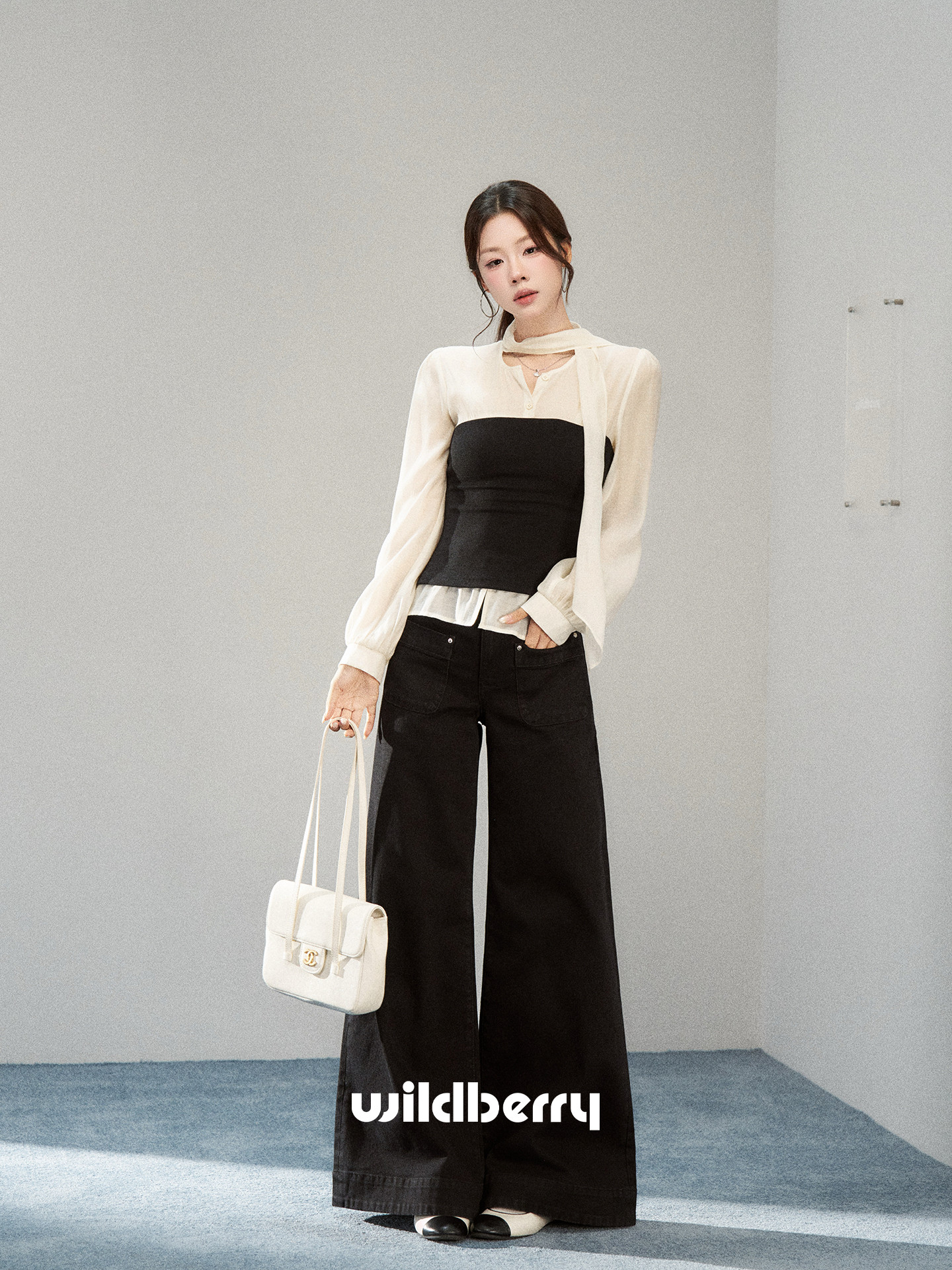 Wildberry リボンネック レイヤード風長袖シャツ