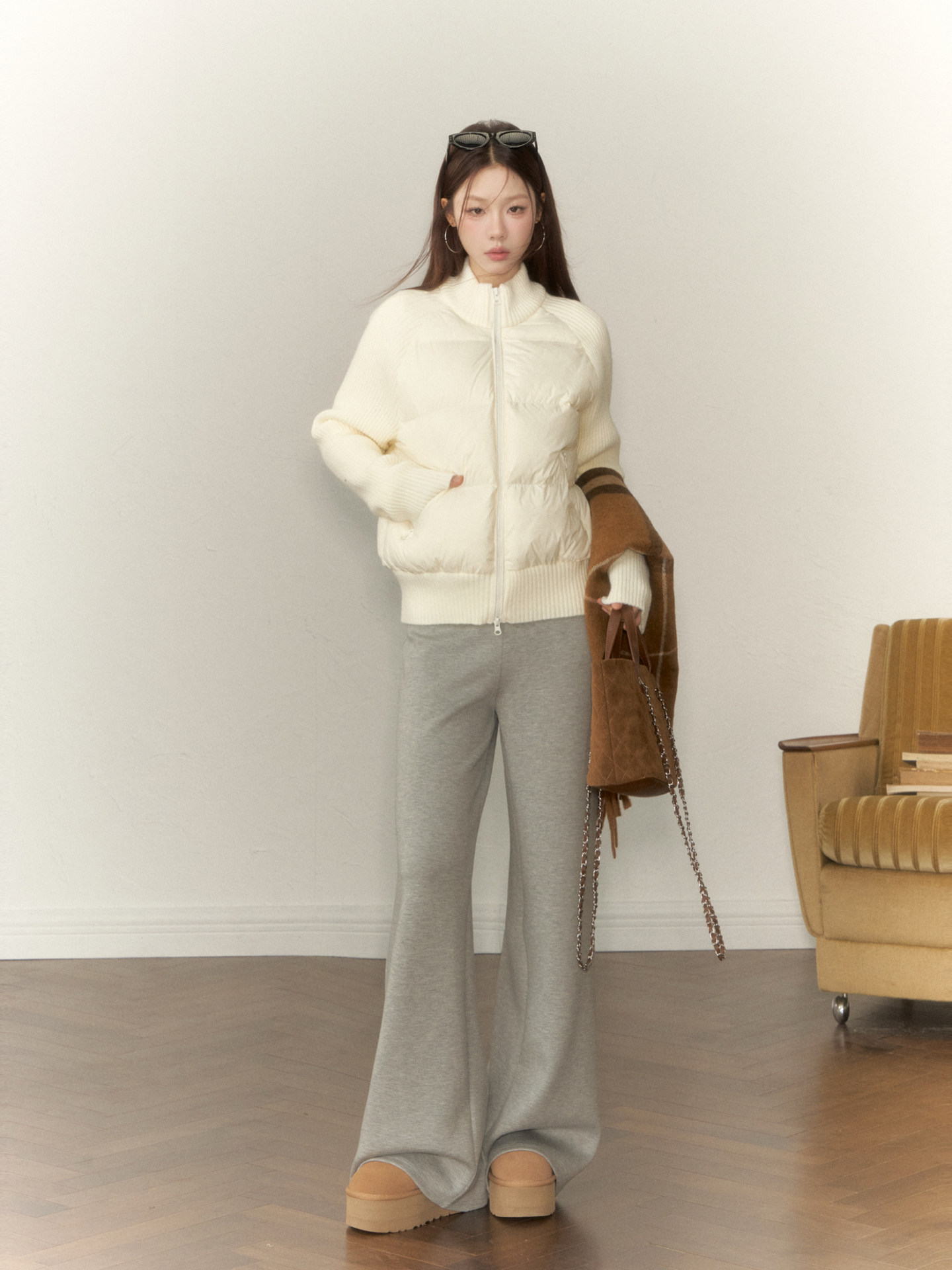 Wildberry ニット切替 中綿ジップジャケット