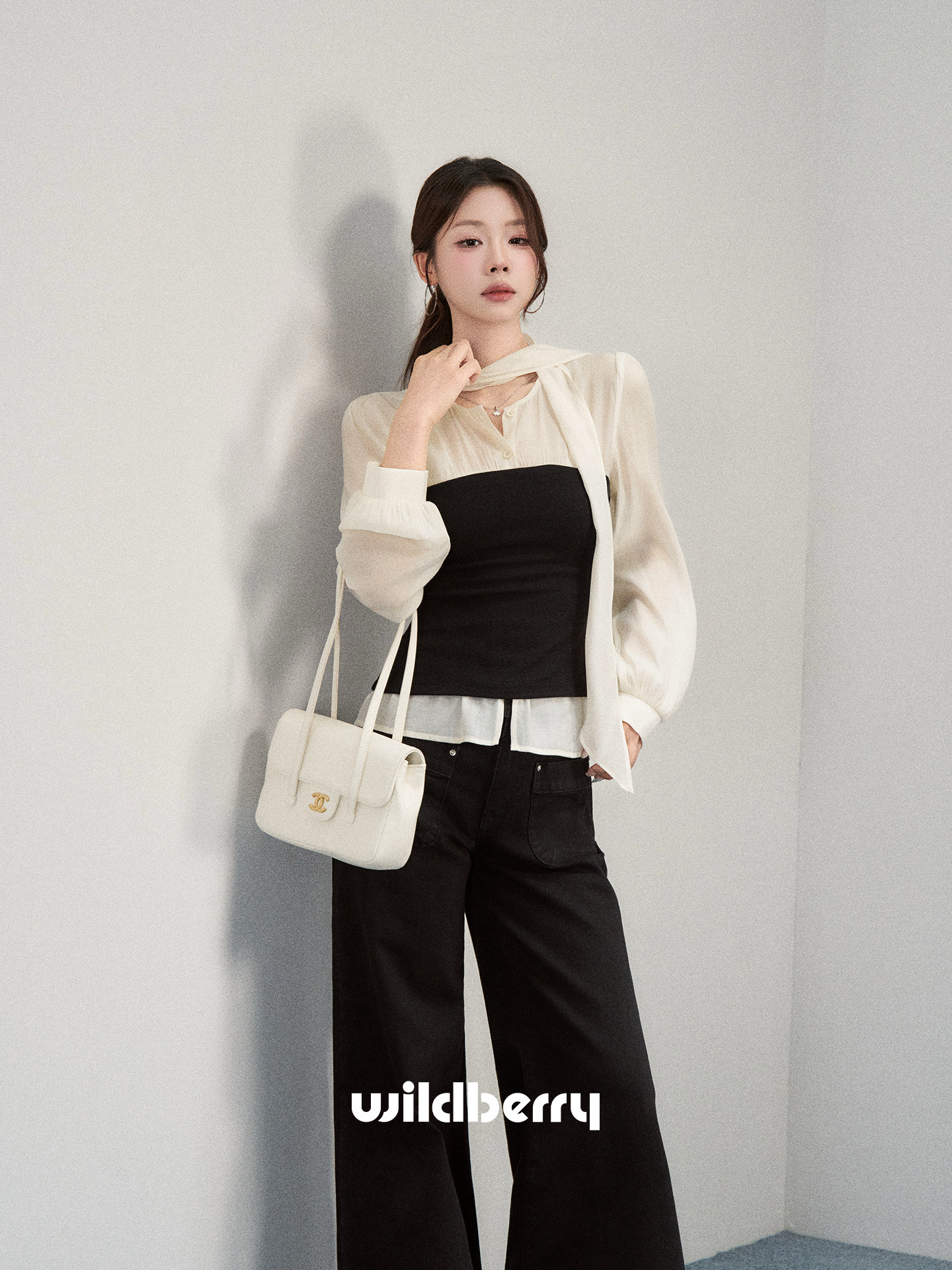 Wildberry リボンネック レイヤード風長袖シャツ