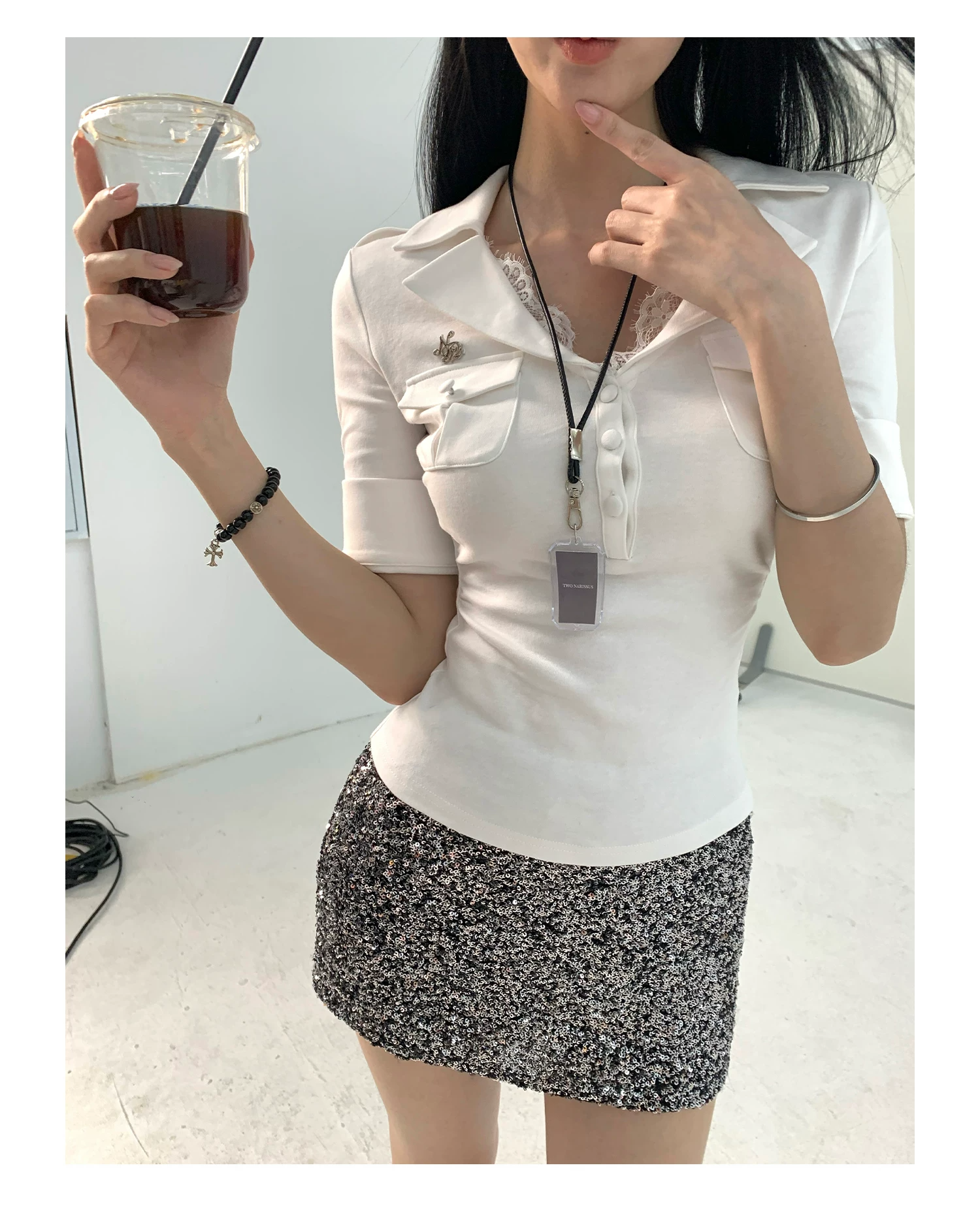 Two Narcissus レースカラーニットトップス / スパンコールスカート（各単品）