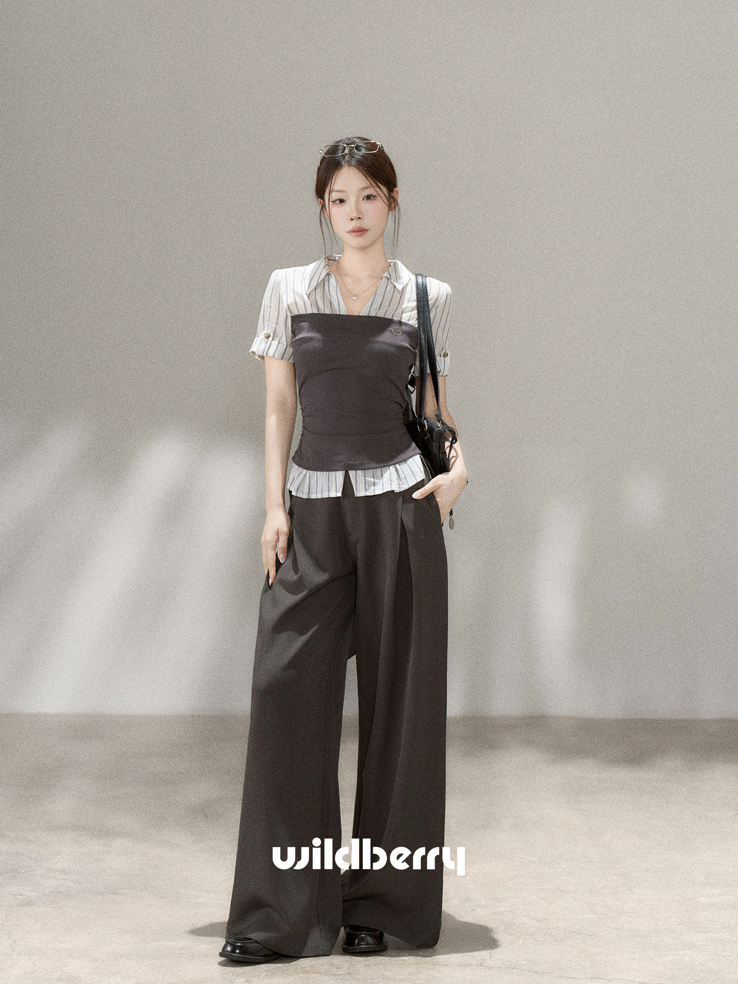 Wildberry ストライプ切替 レイヤード風半袖シャツ