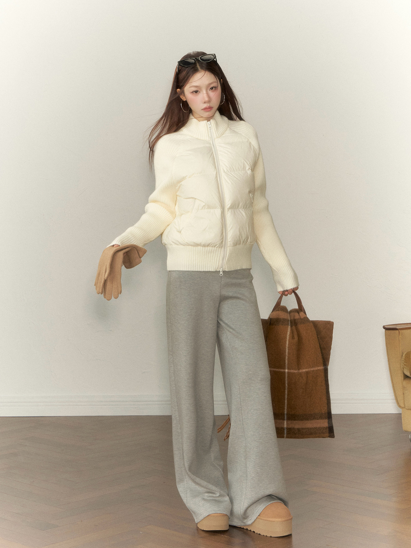 Wildberry ニット切替 中綿ジップジャケット