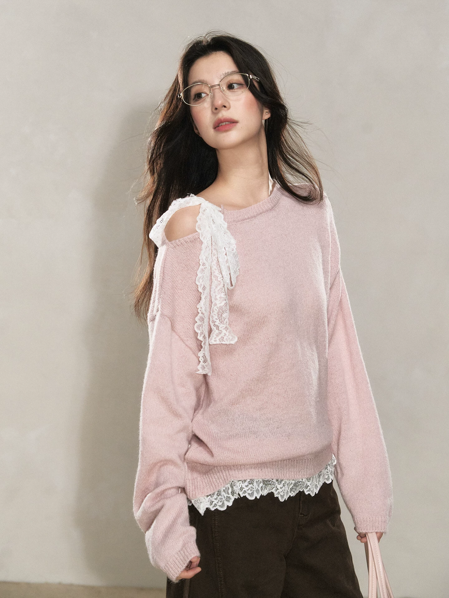 Wildberry レース切り替え クルーネックニット