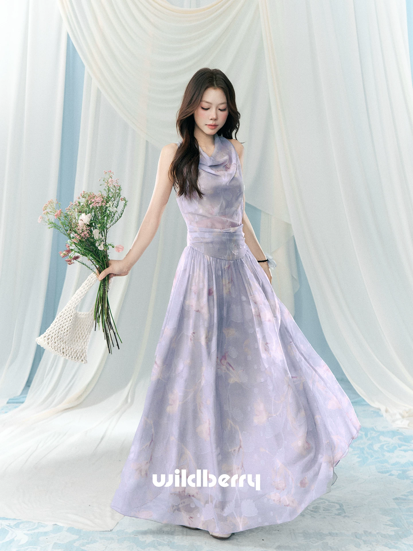 Wildberry パープル小花柄 ホルターネックワンピース