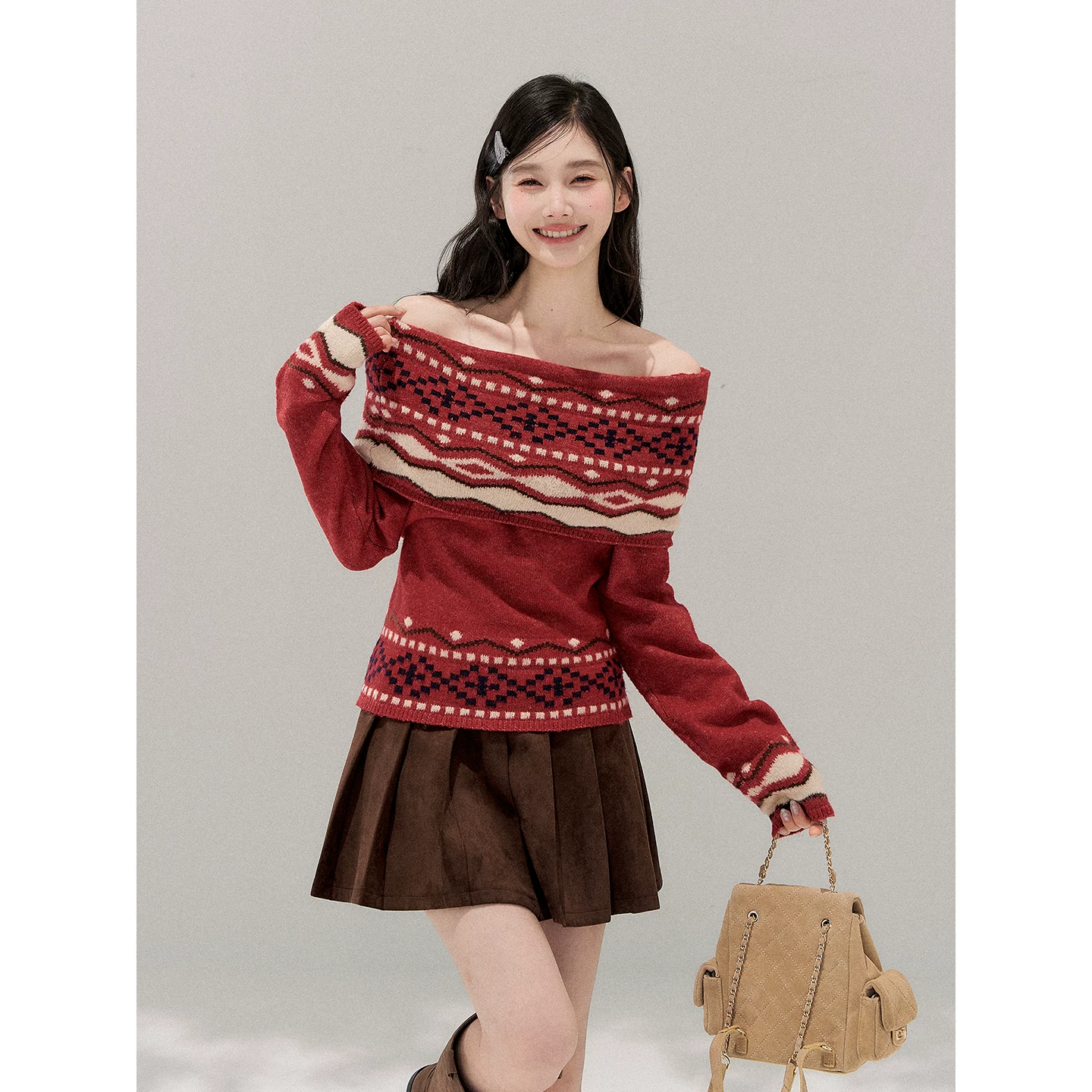 Wildberry レッド オフショルダーニット