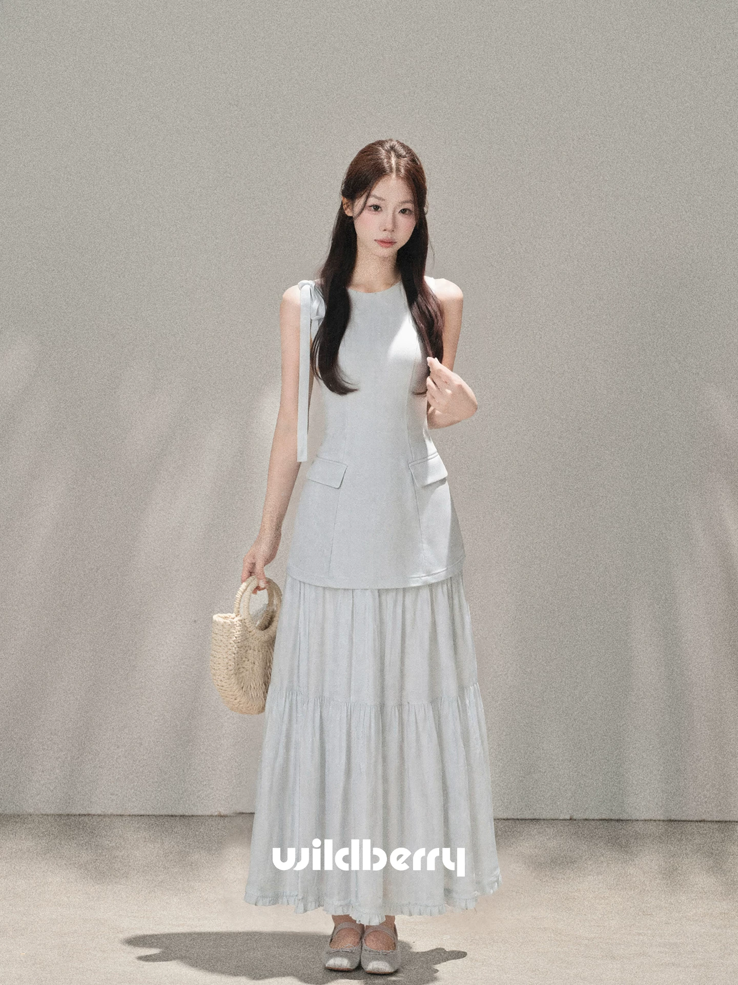 Wildberry ブルーグリーン 重ね着風ノースリーブワンピース
