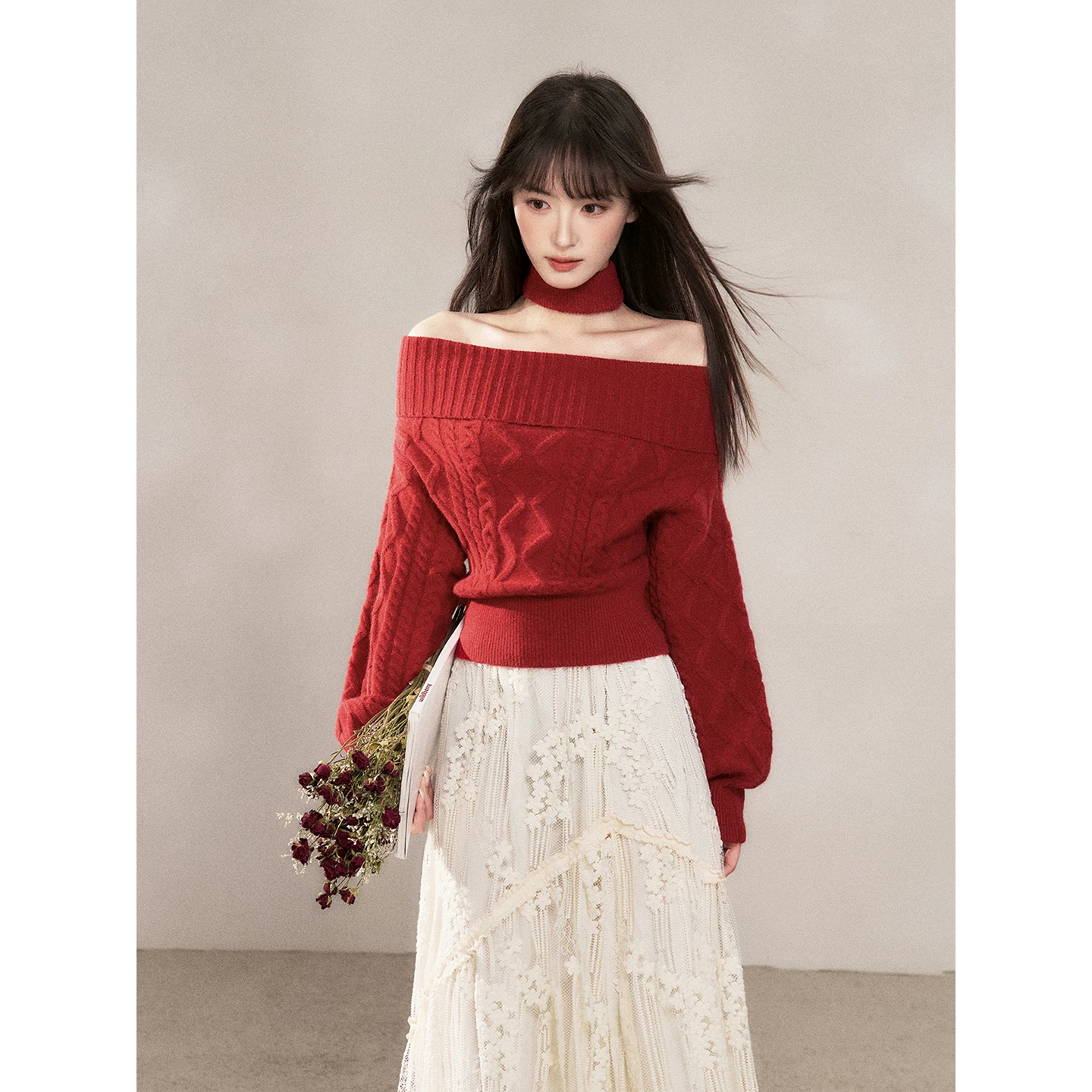 Wildberry レッド オフショルダーニット