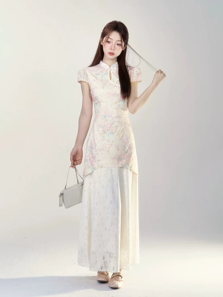 Wildberry モダンチャイナ 小花柄半袖ロングワンピース