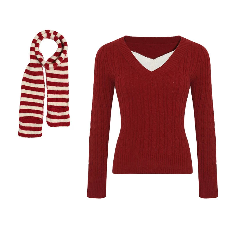 Wildberry レッド Vネックプルオーバーニット