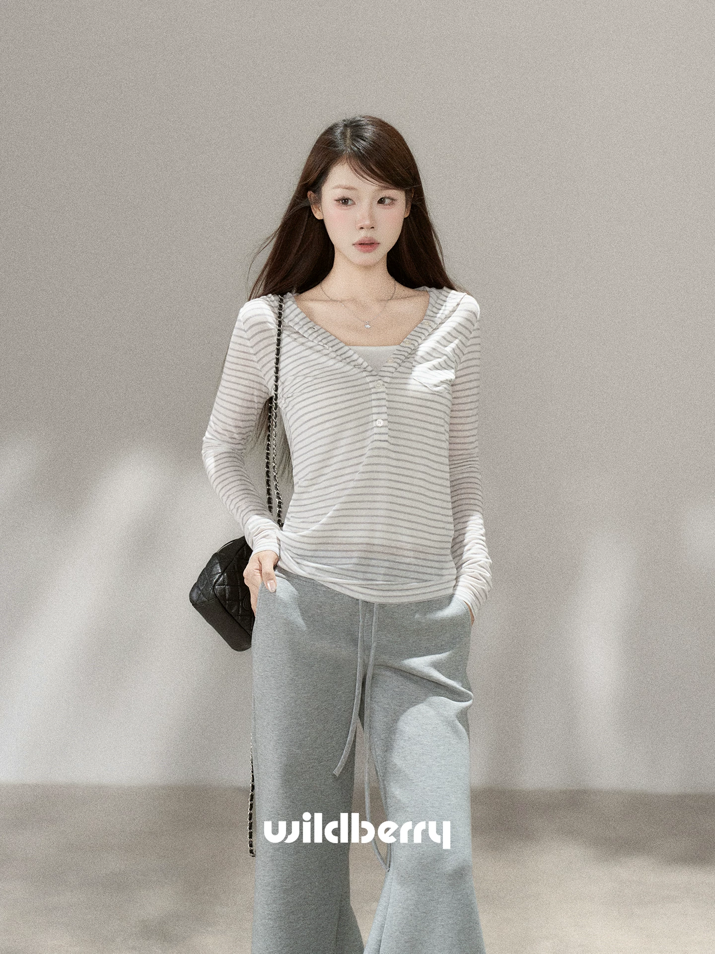 Wildberry フード付き ストライプ長袖Tシャツ