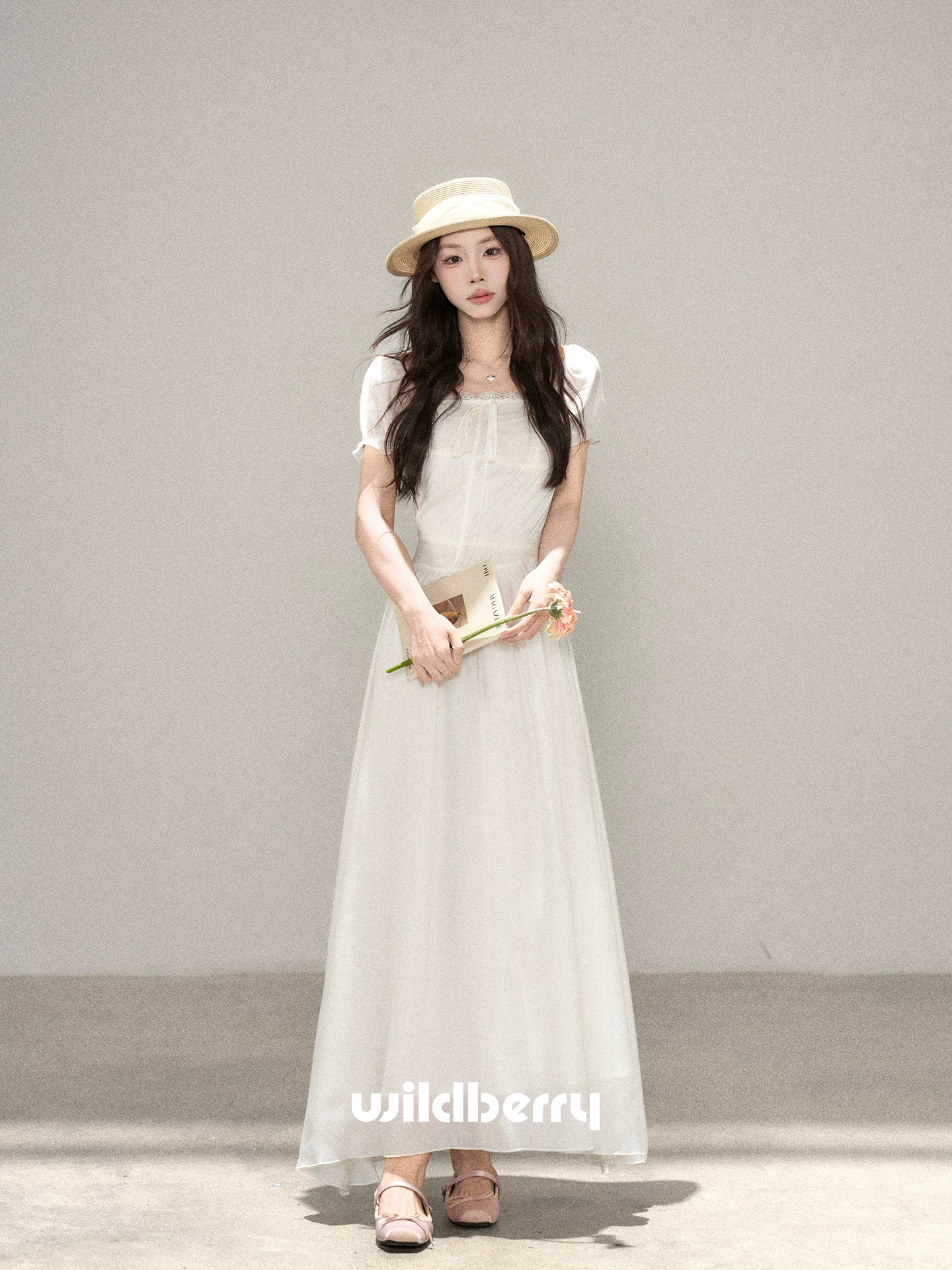 Wildberry スクエアネック パフスリーブロングワンピース