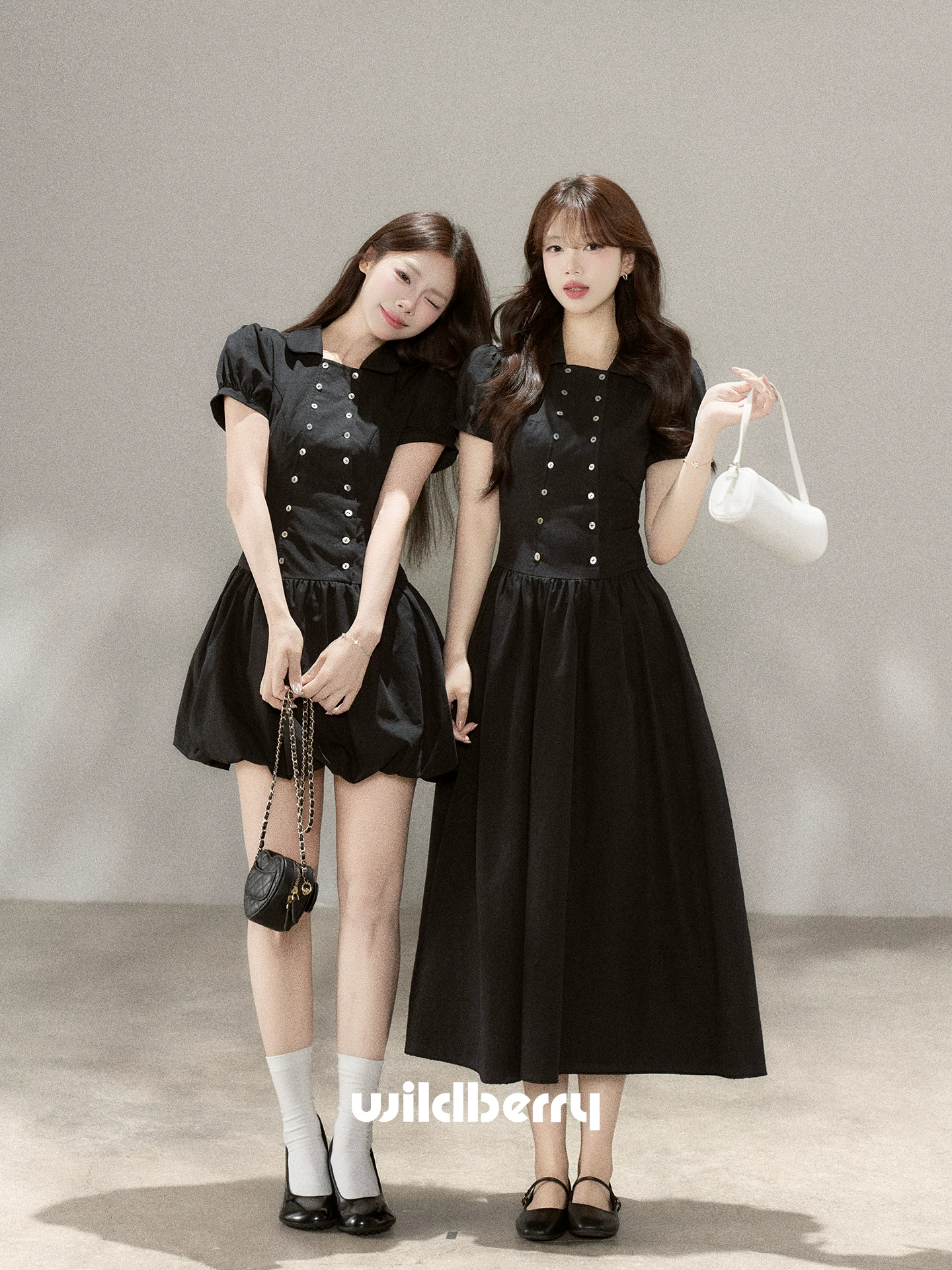 Wildberry ブラック 半袖バルーンロングワンピース