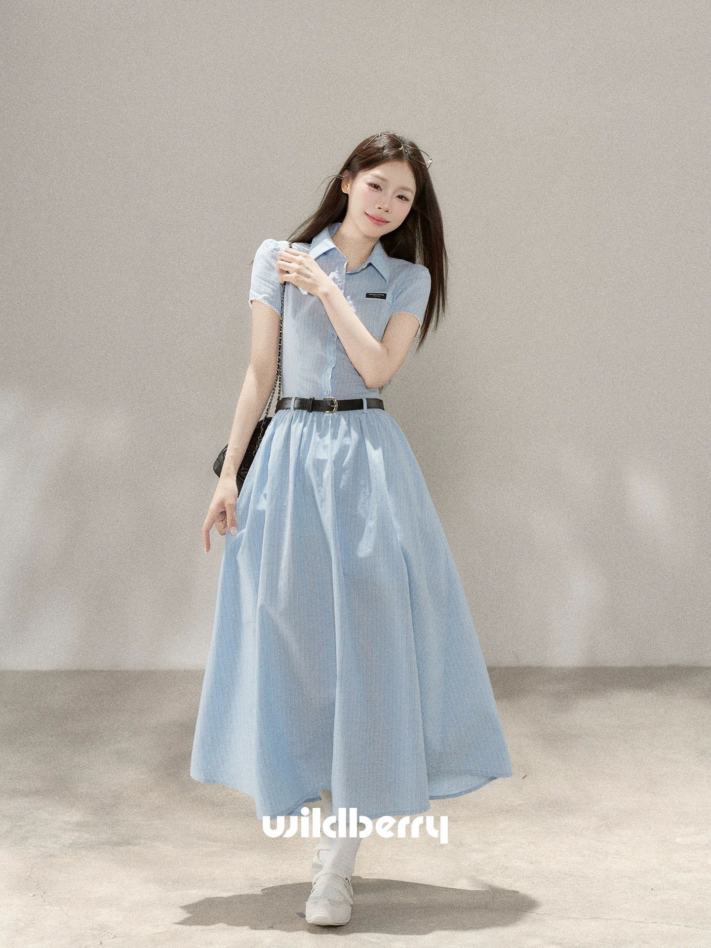 Wildberry ブルーストライプ 半袖ロングワンピース