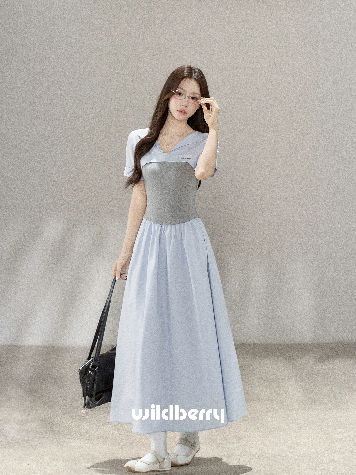 Wildberry ブルー スクール風半袖ロングワンピース