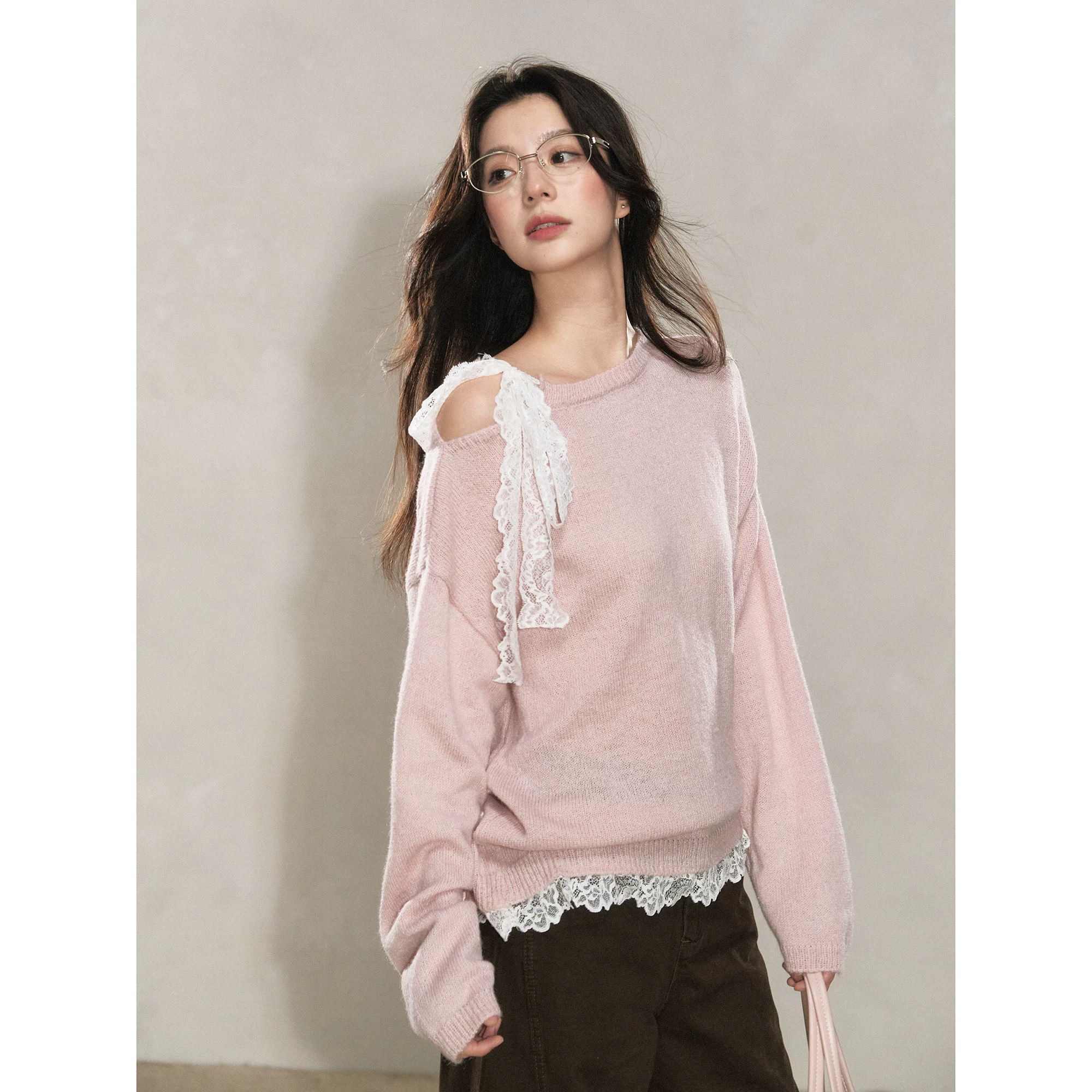 Wildberry レース切り替え クルーネックニット
