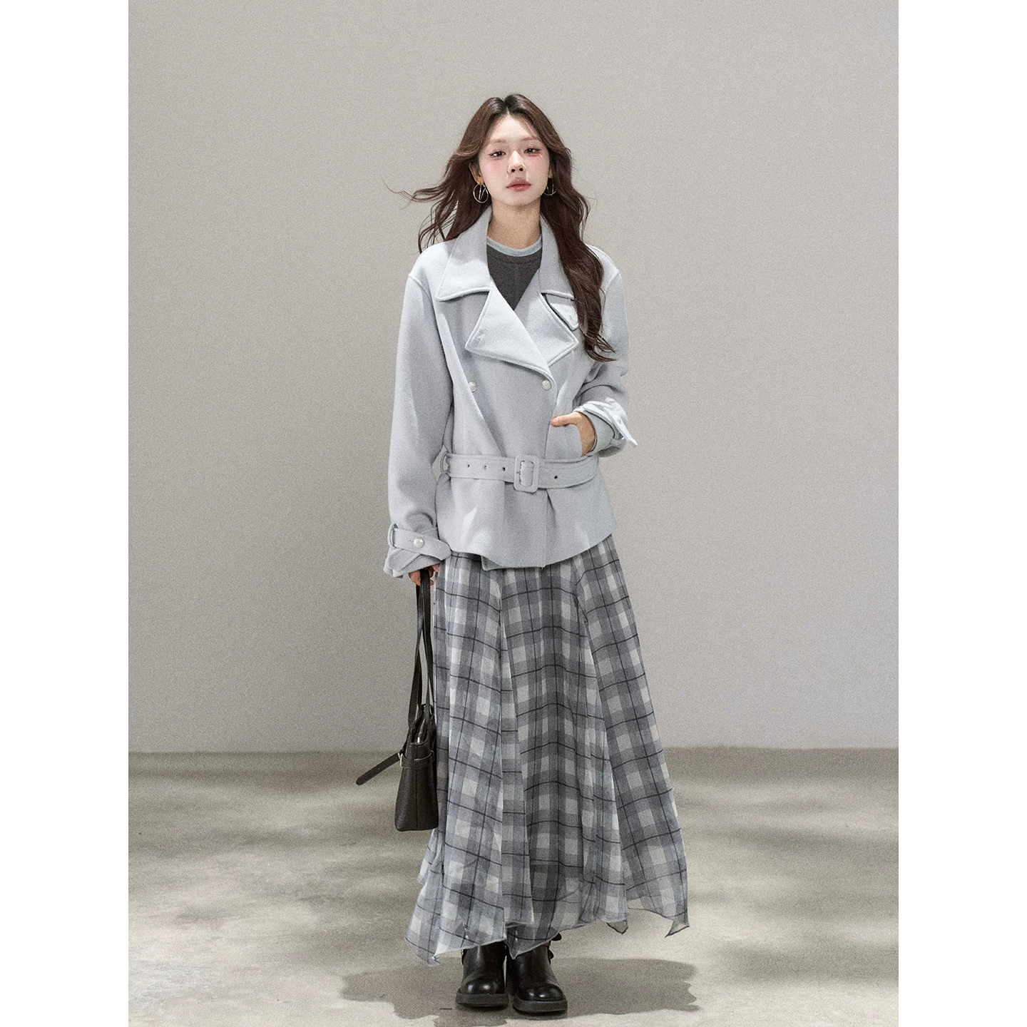 Wildberry グレーチェック アシンメトリーロングスカート
