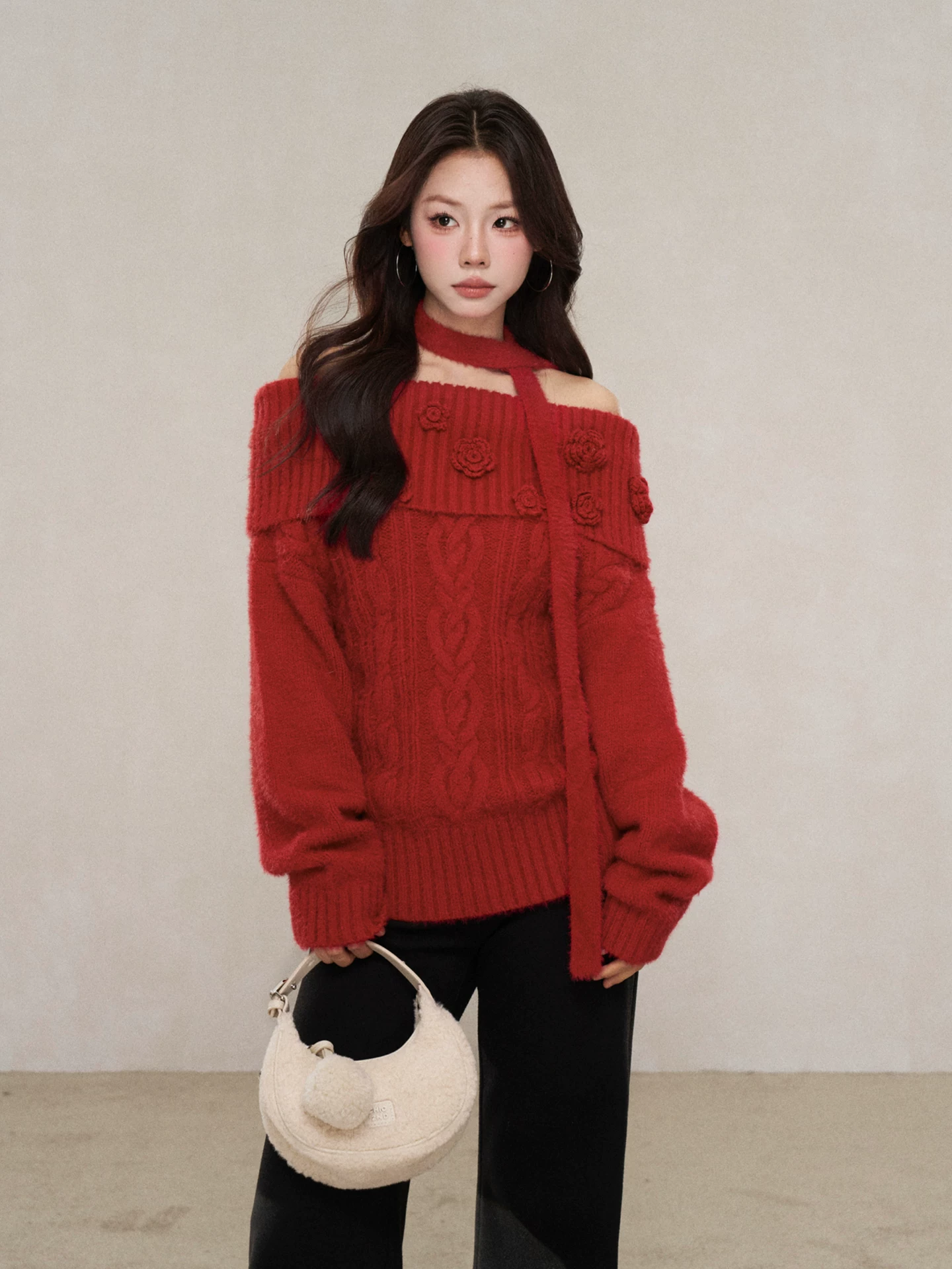 Wildberry レッド オフショルダーニット